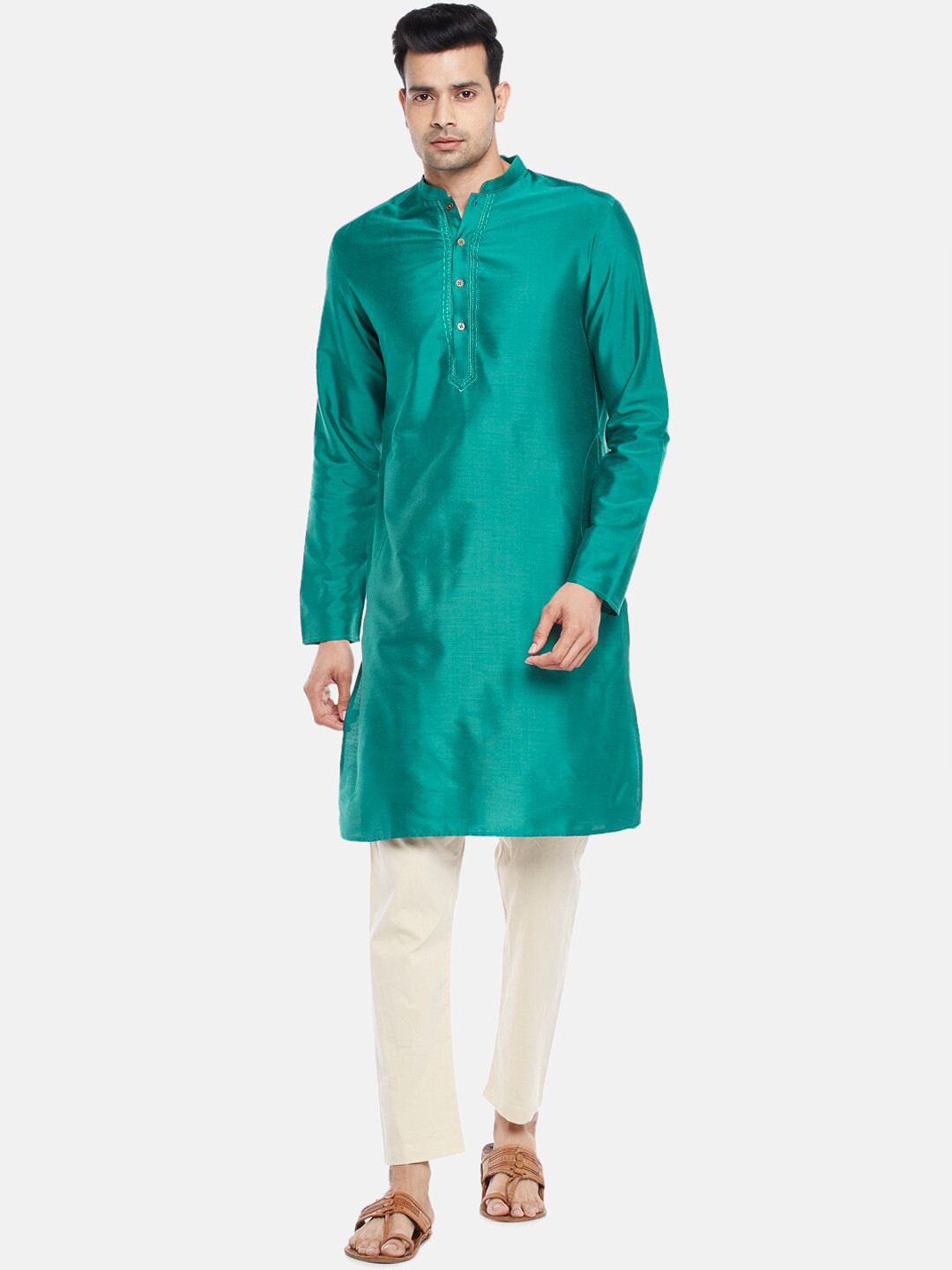 indus route by Pantaloons Men Teal Solid Regular Kurta