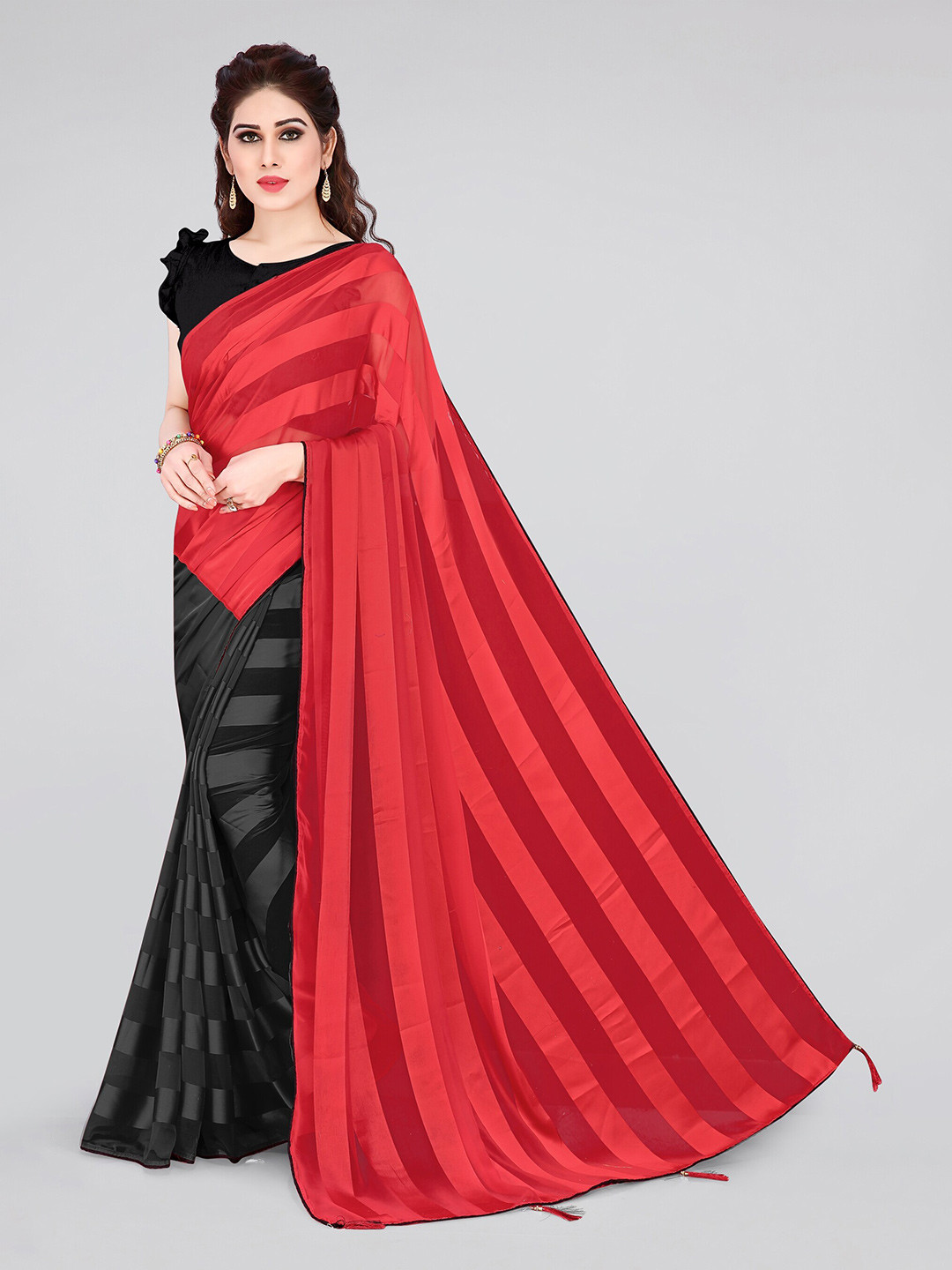 KALINI Red & Black Striped Half and Half Poly Georgette Saree