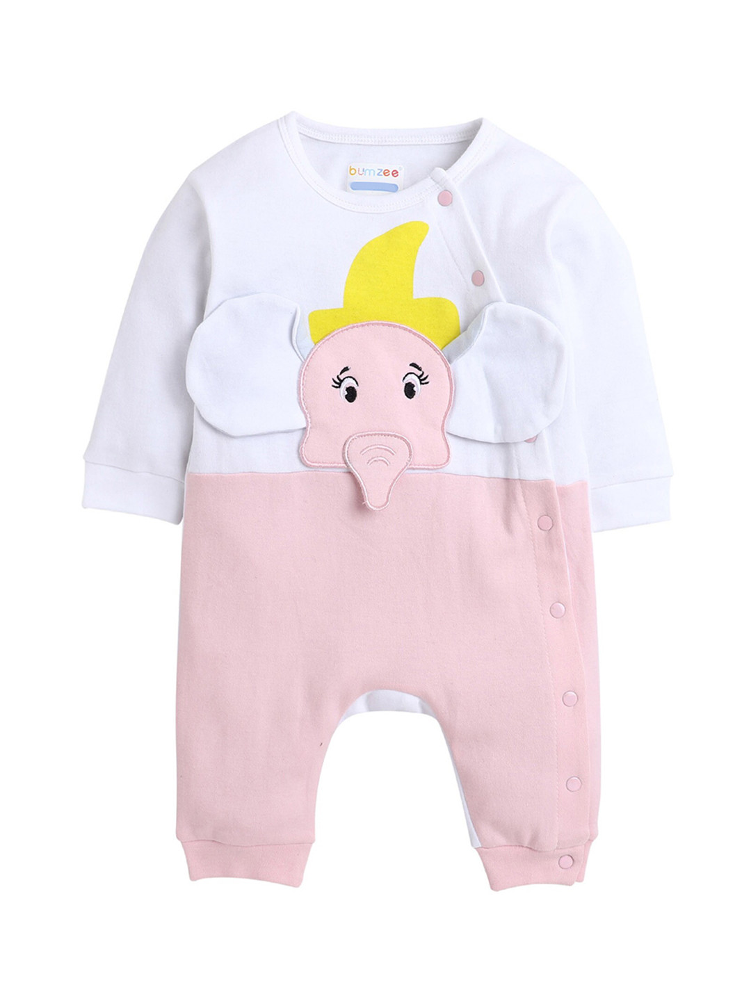 BUMZEE Infant Girls Off White & Pink Elephant Patchwork Sleepsuit
