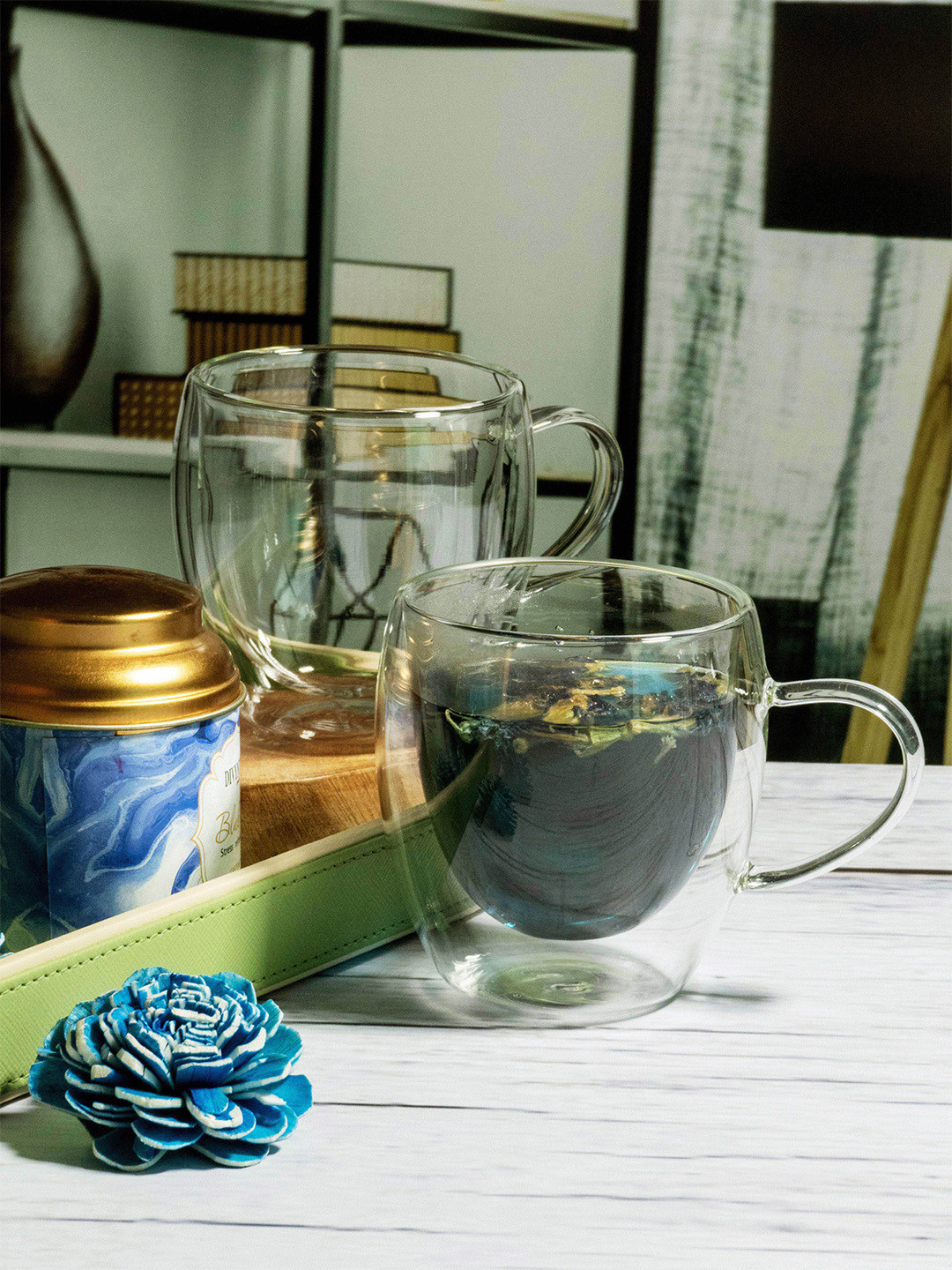 GOODHOMES Bloom Tea Transparent Glass Handmade 2 Piece Mugs-250ml