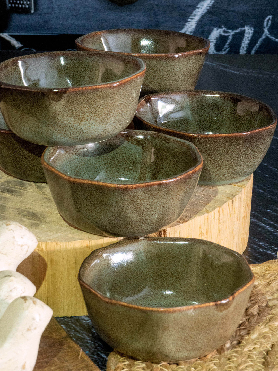GOODHOMES Set-6 Green & Pieces Printed Stoneware Glossy Bowls