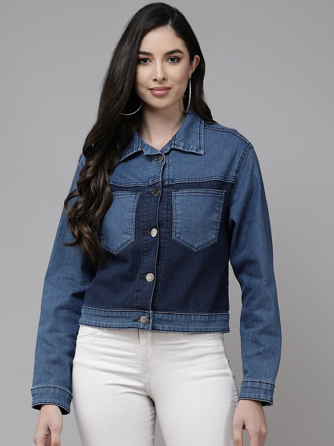 The Dry State Women Blue Colourblocked Denim Jacket