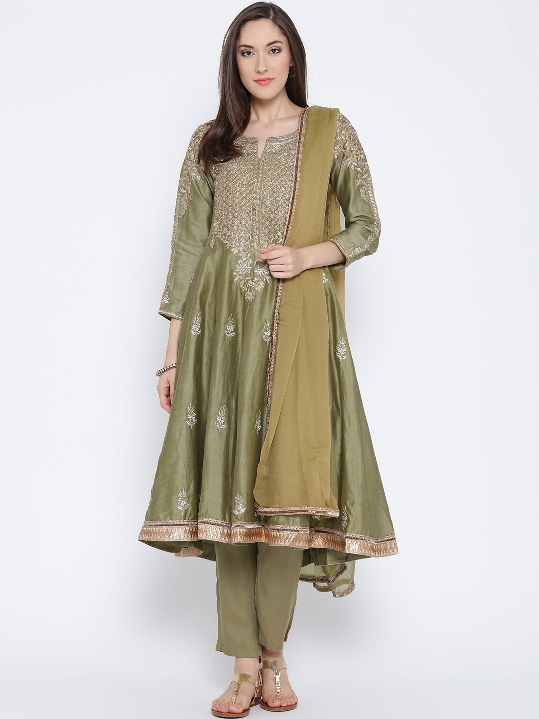 Buy Biba Women Olive Green Embroidered Kurta With Trousers