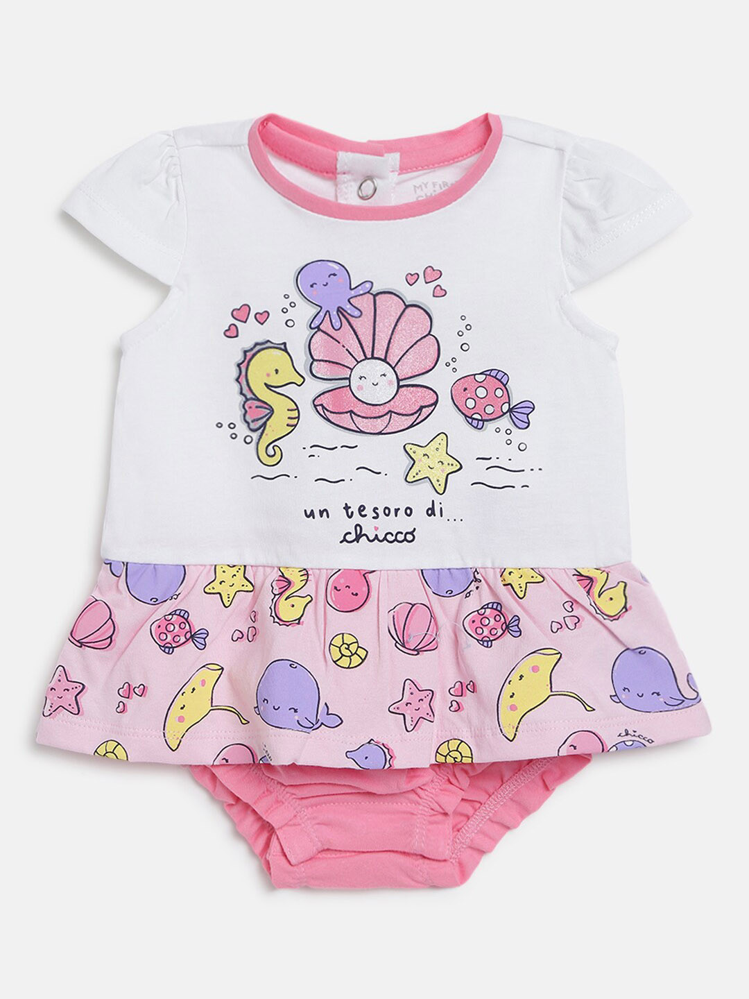 Chicco Infant Girls White & Pink Printed Pure Cotton Rompers