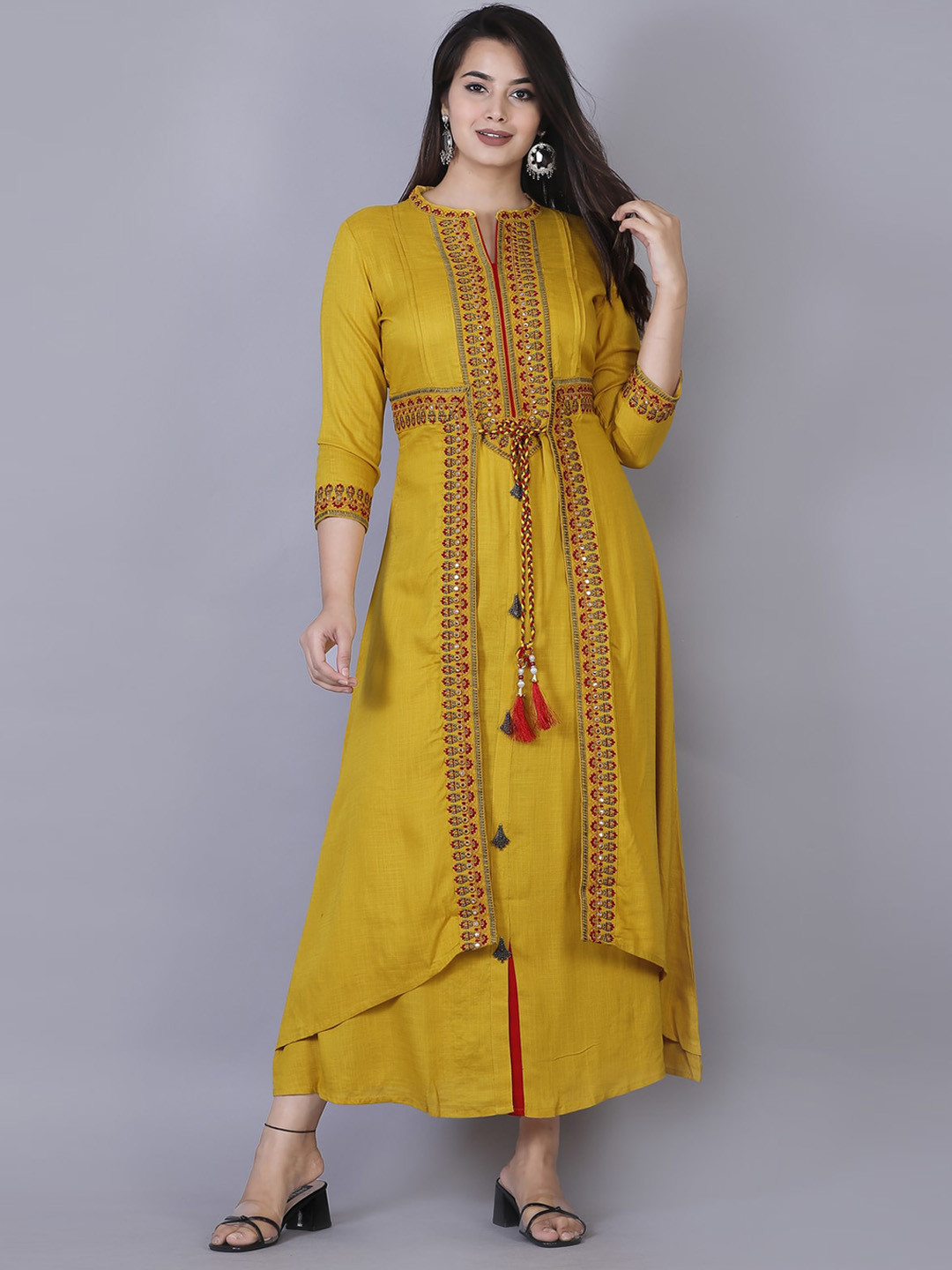 KALINI Women Yellow Ethnic Motifs Embroidered & Mirror Work Layered Regular Fit Kurta