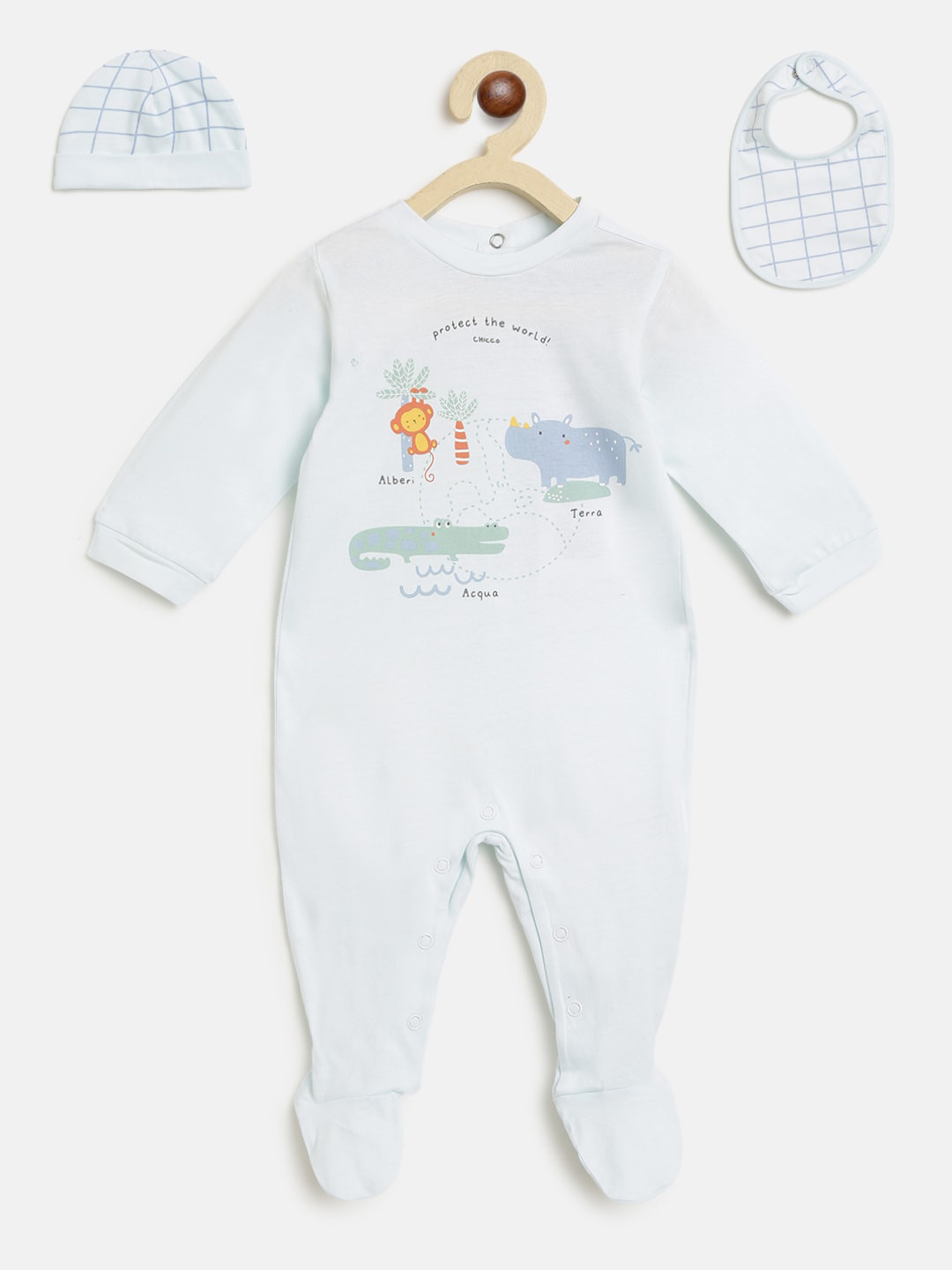 Chicco Boys Blue Printed Babysuit Bib & Hat Gift Set