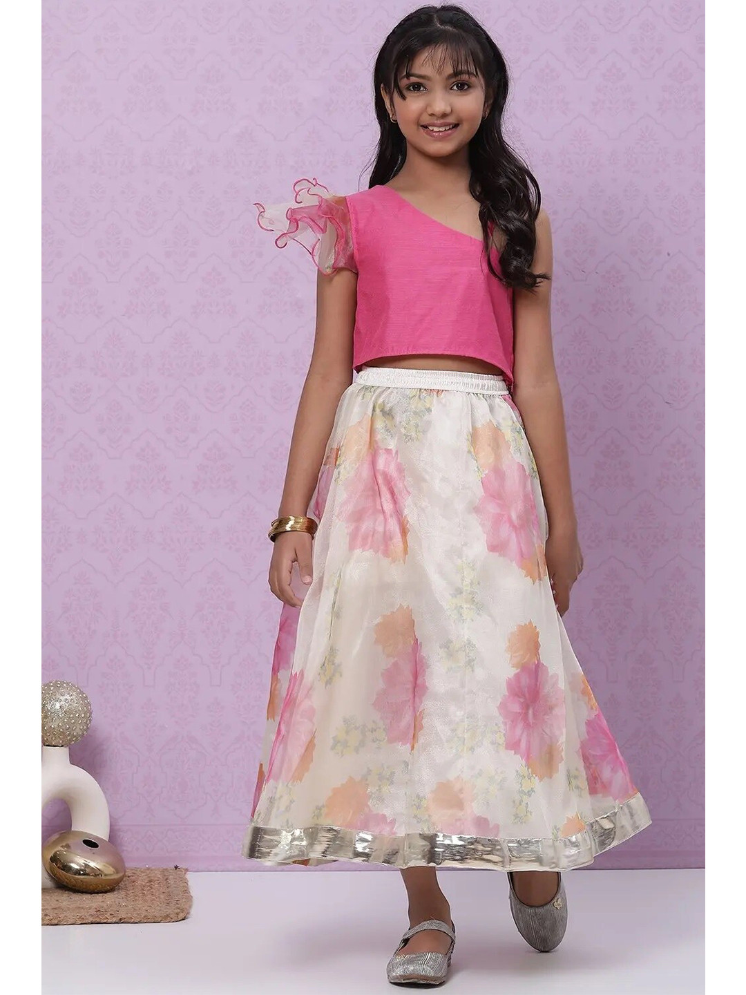 Biba Girls Pink & White Ready to Wear Lehenga & Blouse