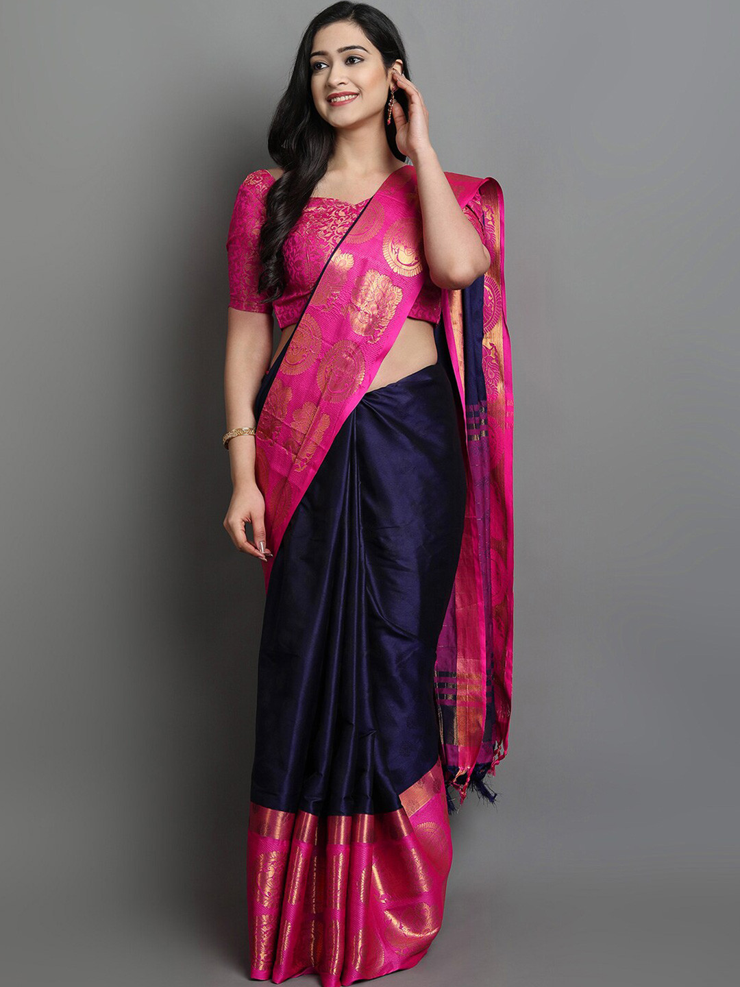 KALINI Navy Blue & Fuchsia Woven Design Zari Silk Cotton Saree