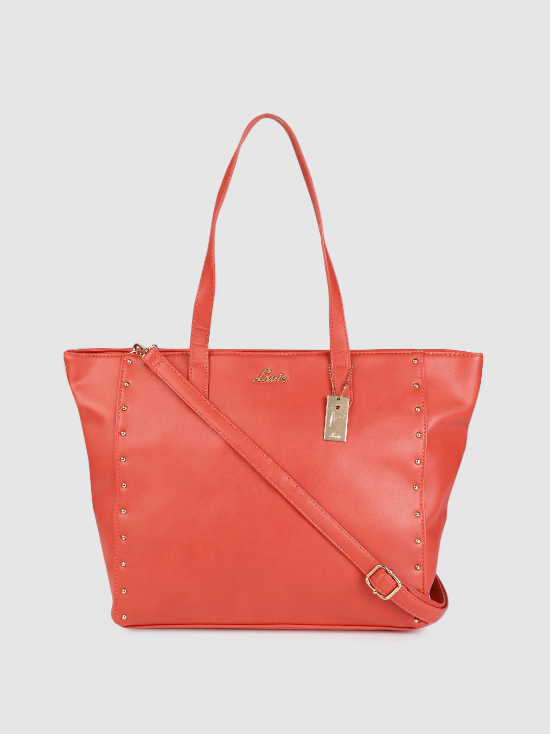 Lavie Sida Coral Orange Solid Structured Shoulder Bag with Studs Embellished Detail