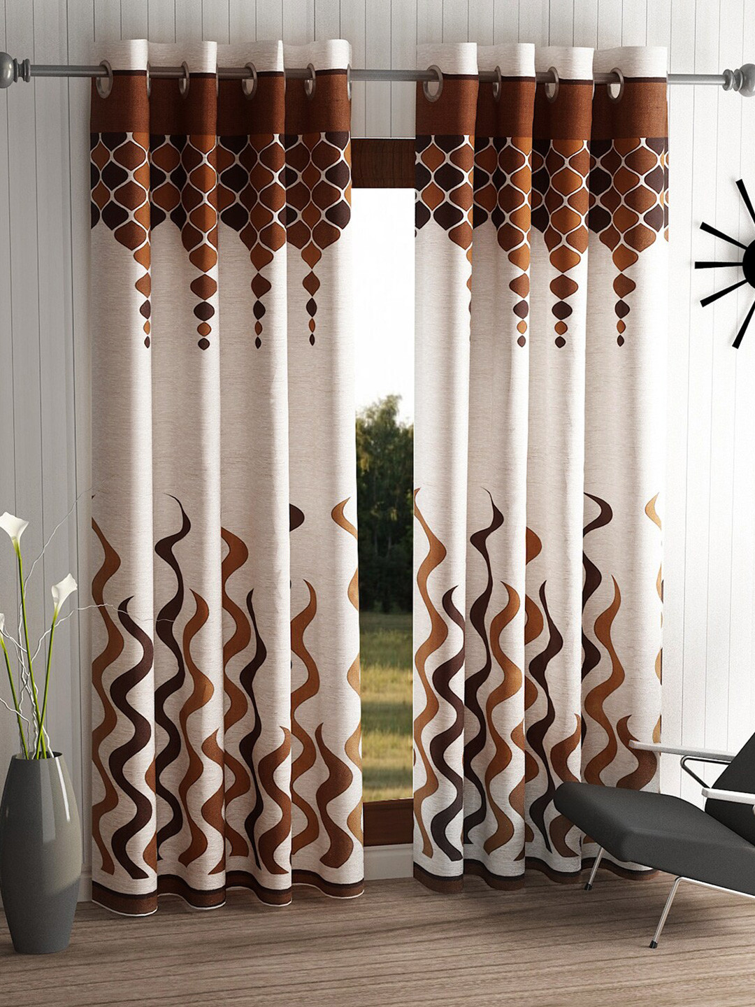 Home Sizzler Set of 2 Brown & White Wave Panel Door Curtain