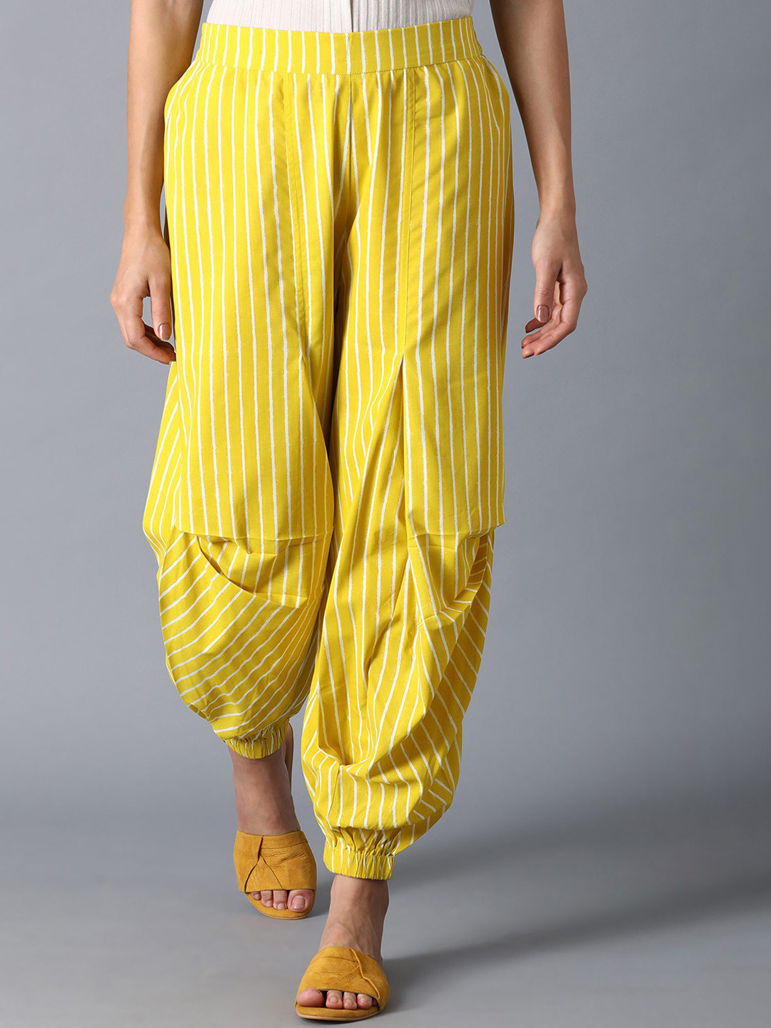 W Women Yellow Striped Jodhpuris Regular Fit Cropped Trousers