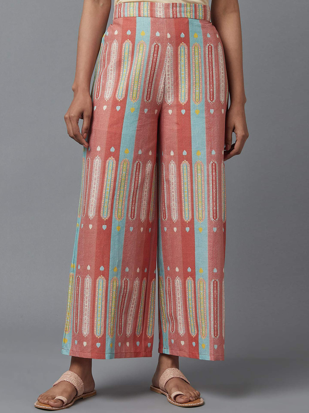 W Women Orange Striped Regular Fit Cotton Parallel Cropped Trousers