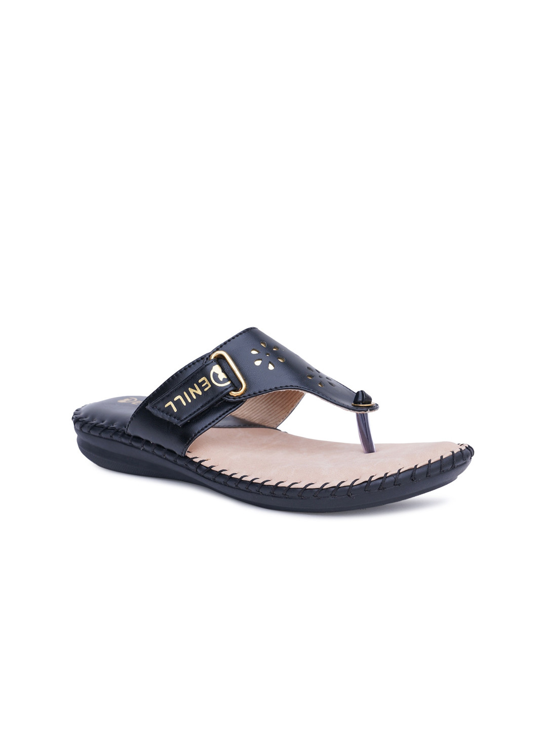 Denill Woman Blue Printed Open Toe Flats with Laser Cuts