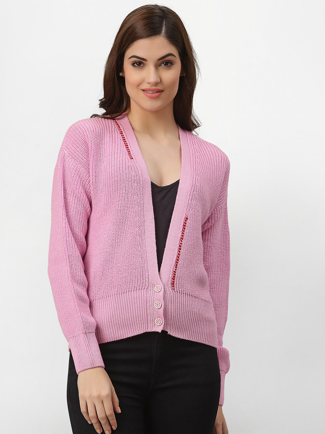 Miramor Women Pink Ribbed Cardigan with Embroidered Detail
