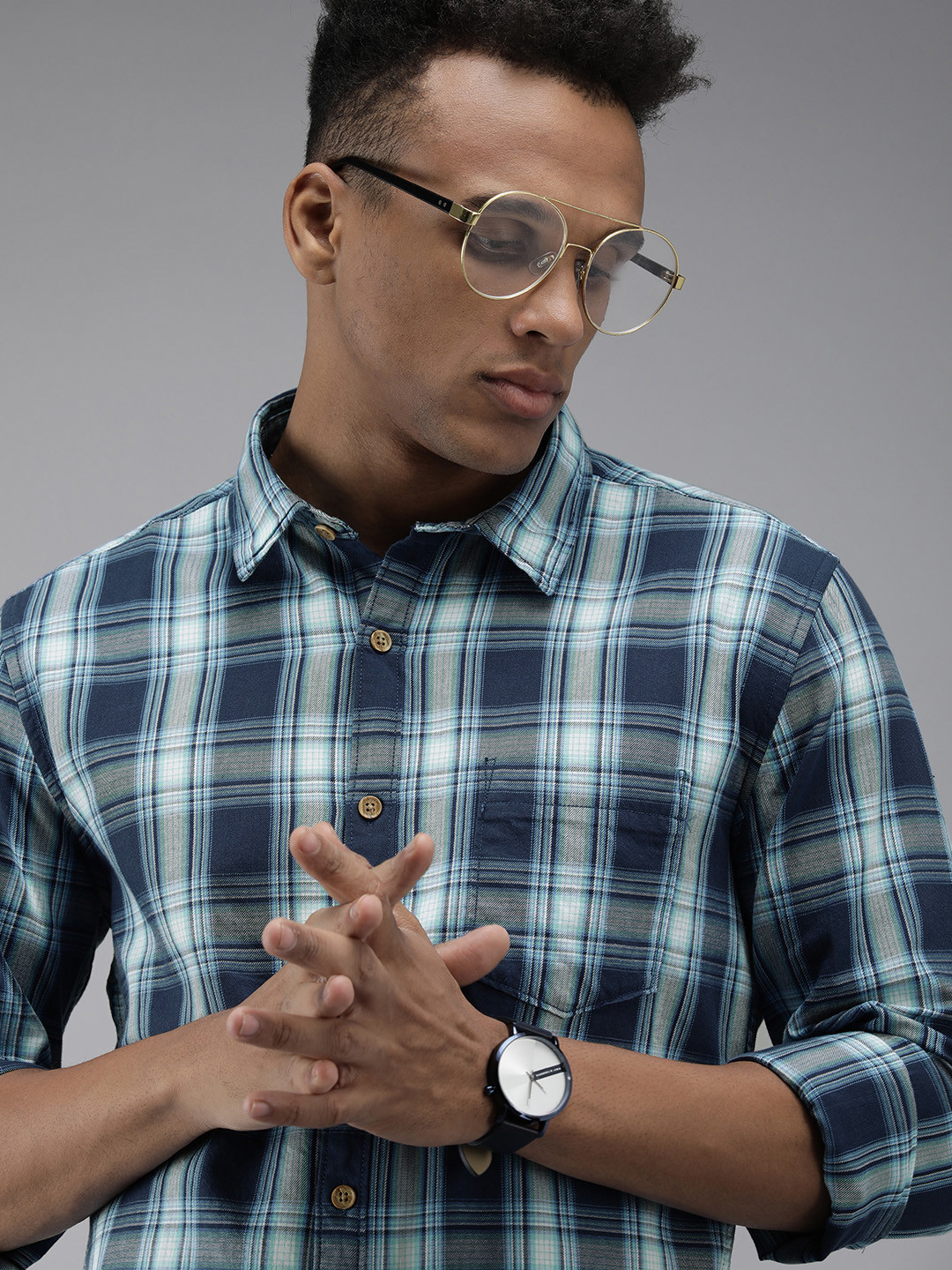 BEAT LONDON by PEPE JEANS Men Blue Classic Slim Fit Tartan Checked Pure Cotton Shirt
