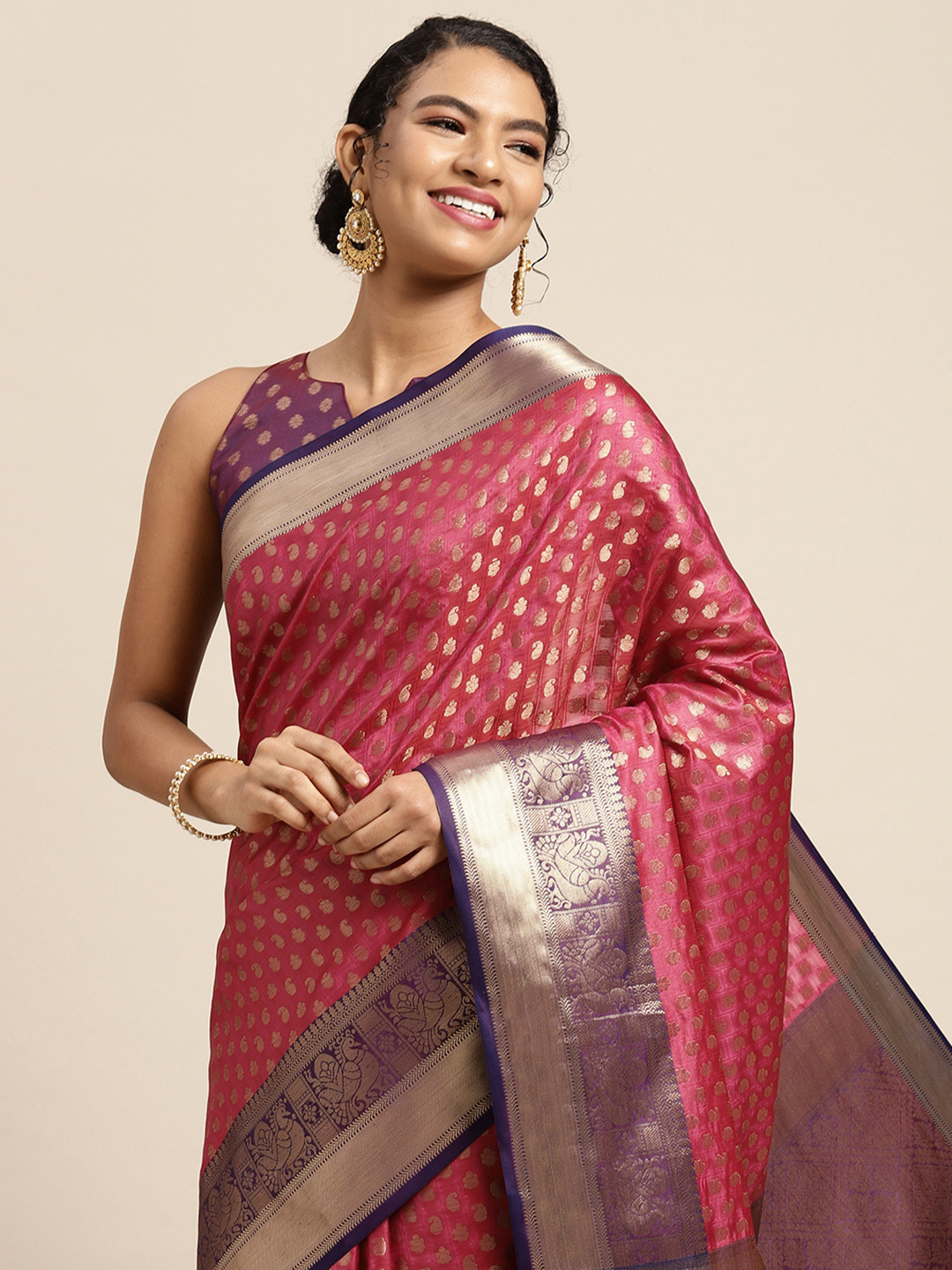 Mitera Magenta Pink & Gold-Toned Paisley Jacquard Poly Silk Kanjeevaram Saree