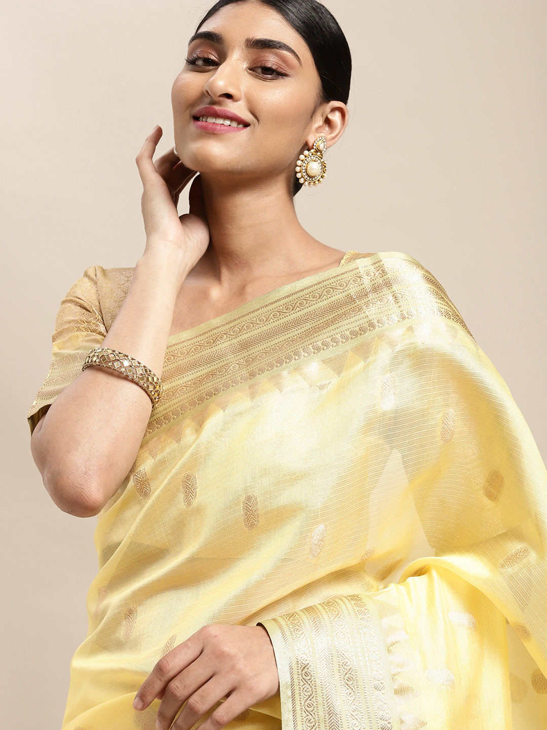 Mitera Cream-Coloured & Golden Ethnic Motifs Banarasi Saree
