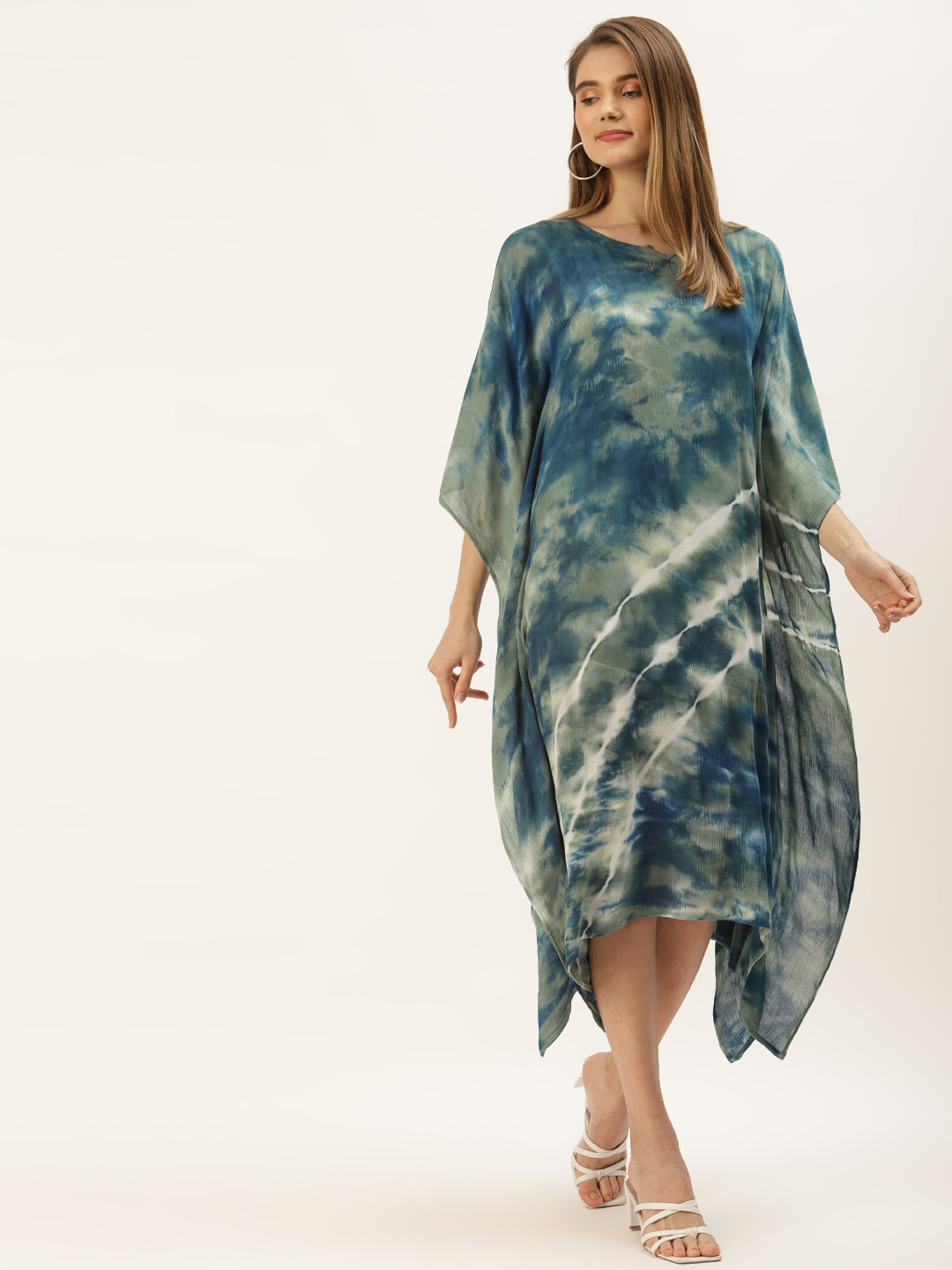 Maaesa Women Blue & Green Tie and Dye Kaftan Midi Dress