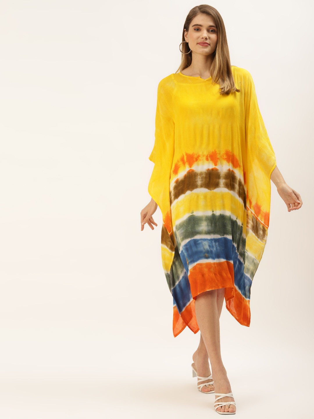 Maaesa Women Yellow & Orange Tie and Dye Kaftan Midi Dress