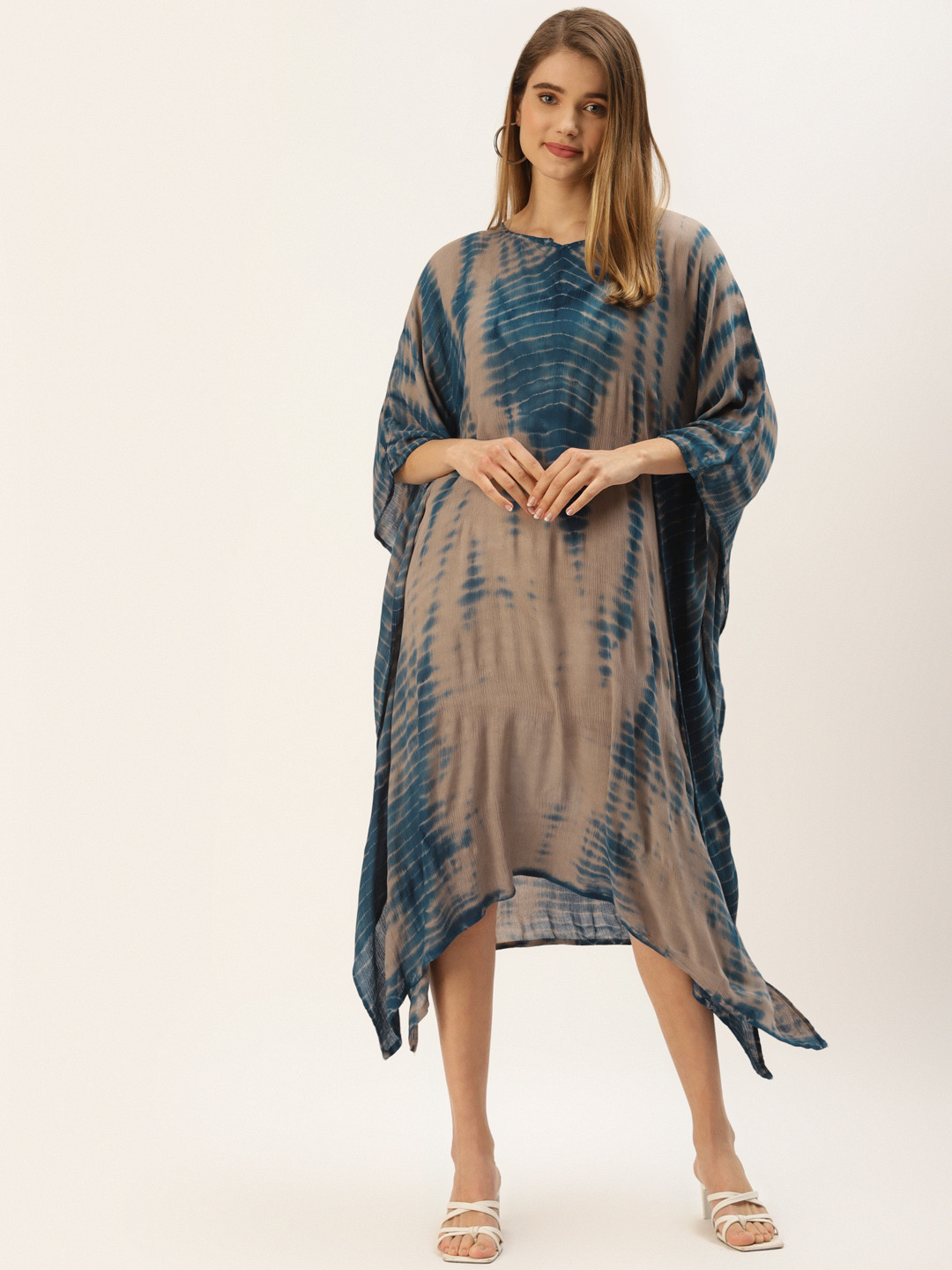 Maaesa Women Beige & Blue Tie and Dye Kaftan Midi Dress