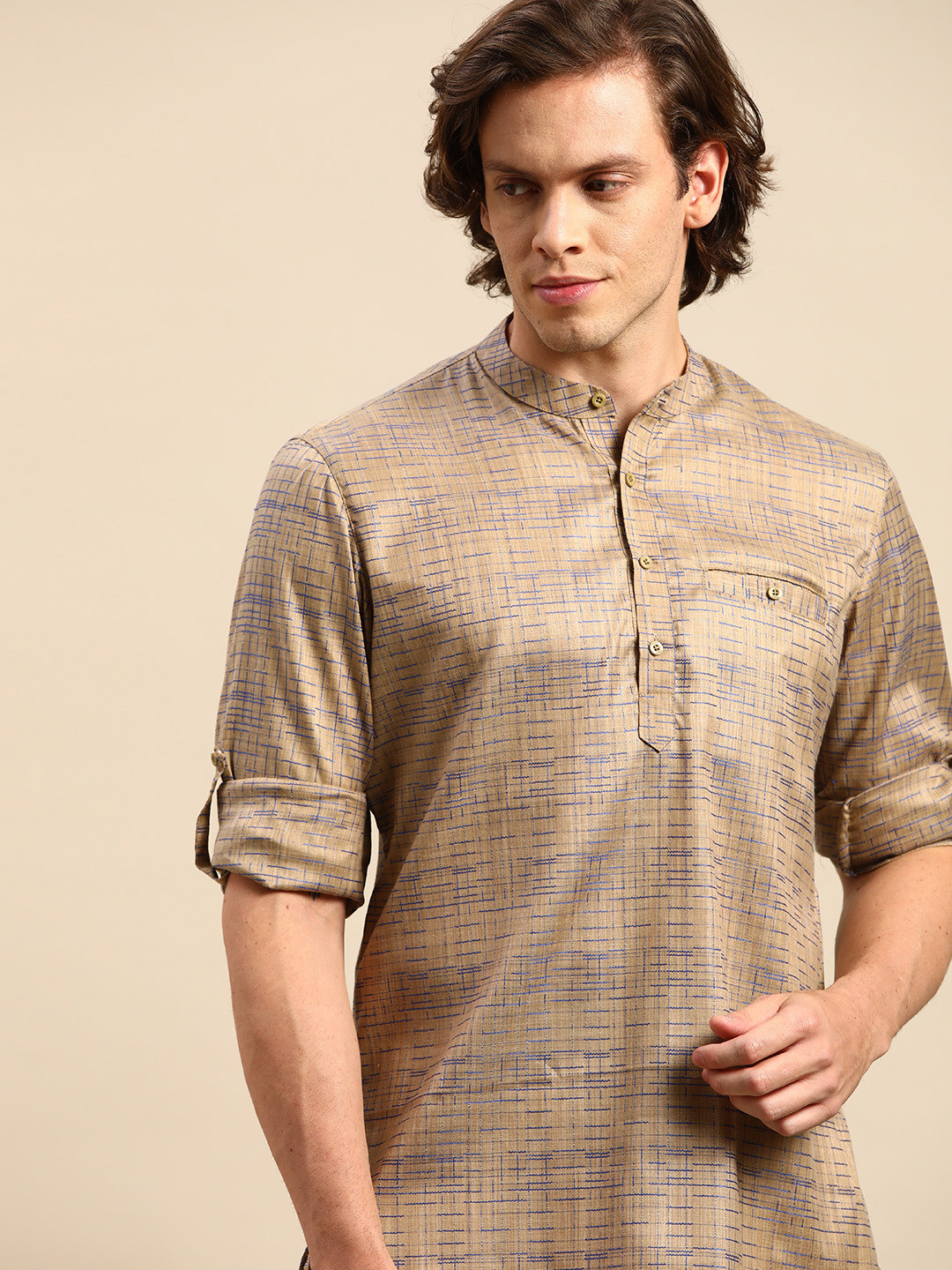 Anouk Men Cream-Coloured & Blue Woven Design Short Kurta