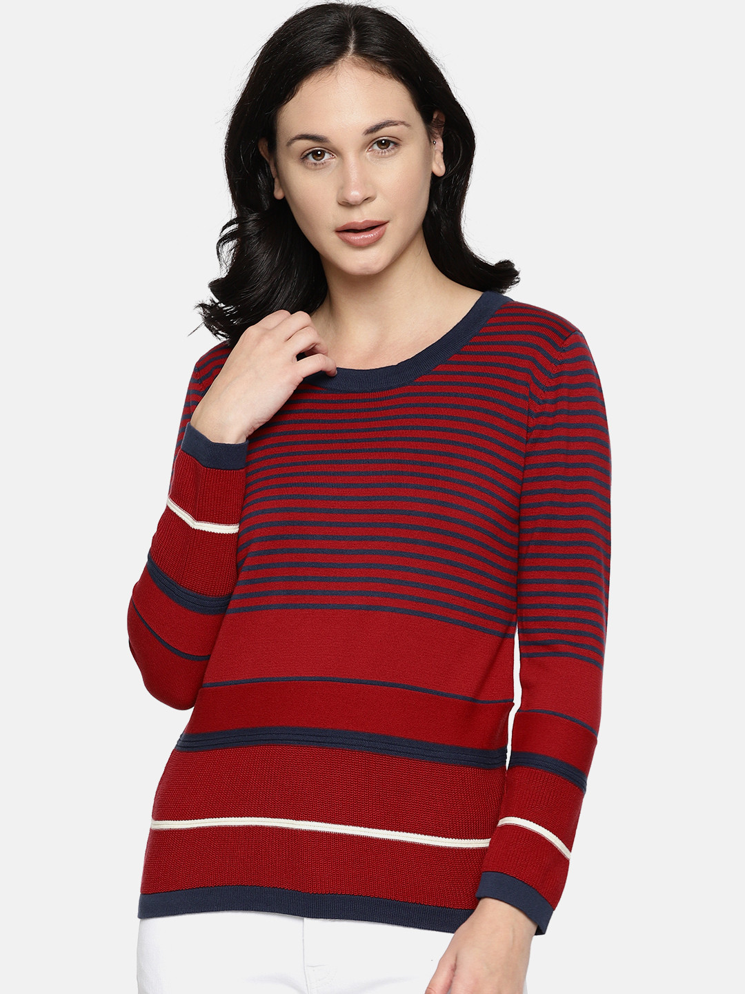 Wills Lifestyle Women Red & Navy Blue Striped Top
