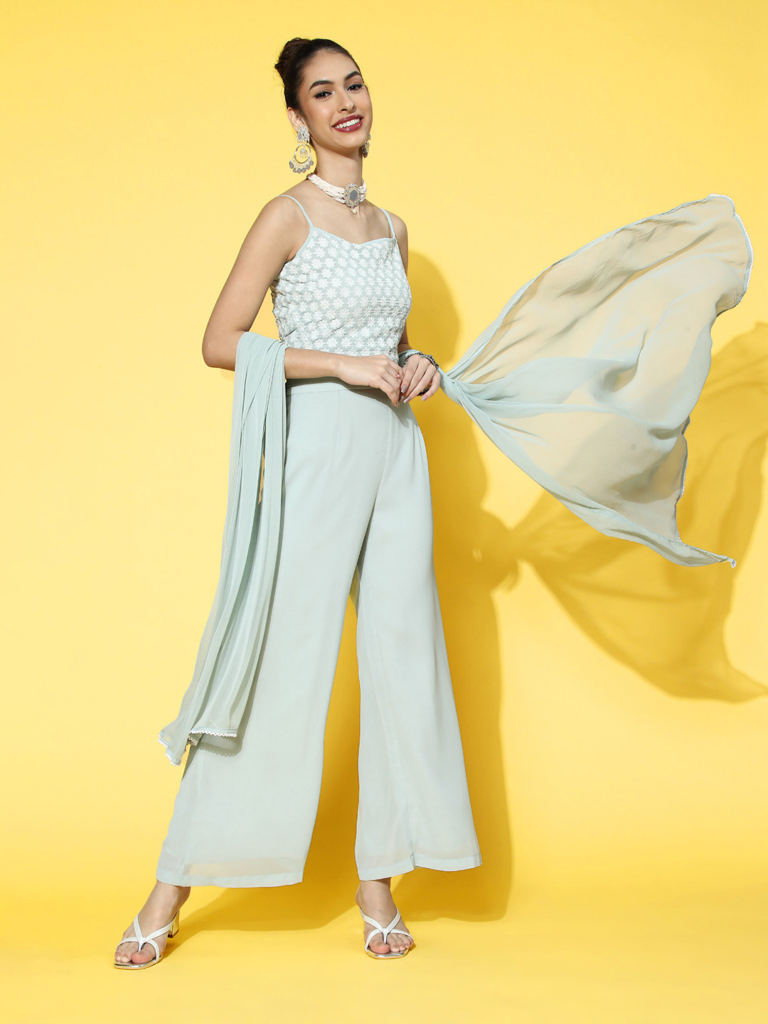 STREET 9 Women Gorgeous Green Printed Top with Solid Palazzos