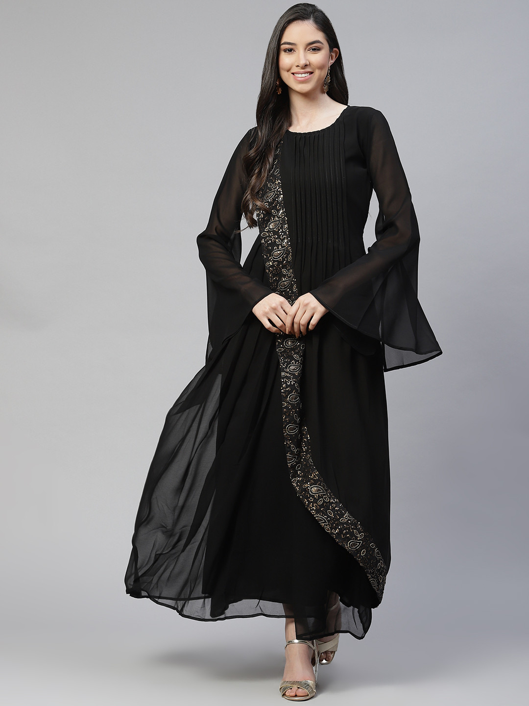 Cottinfab Black Ethnic Motifs Sequined A-Line Maxi Dress with Bell Sleeves