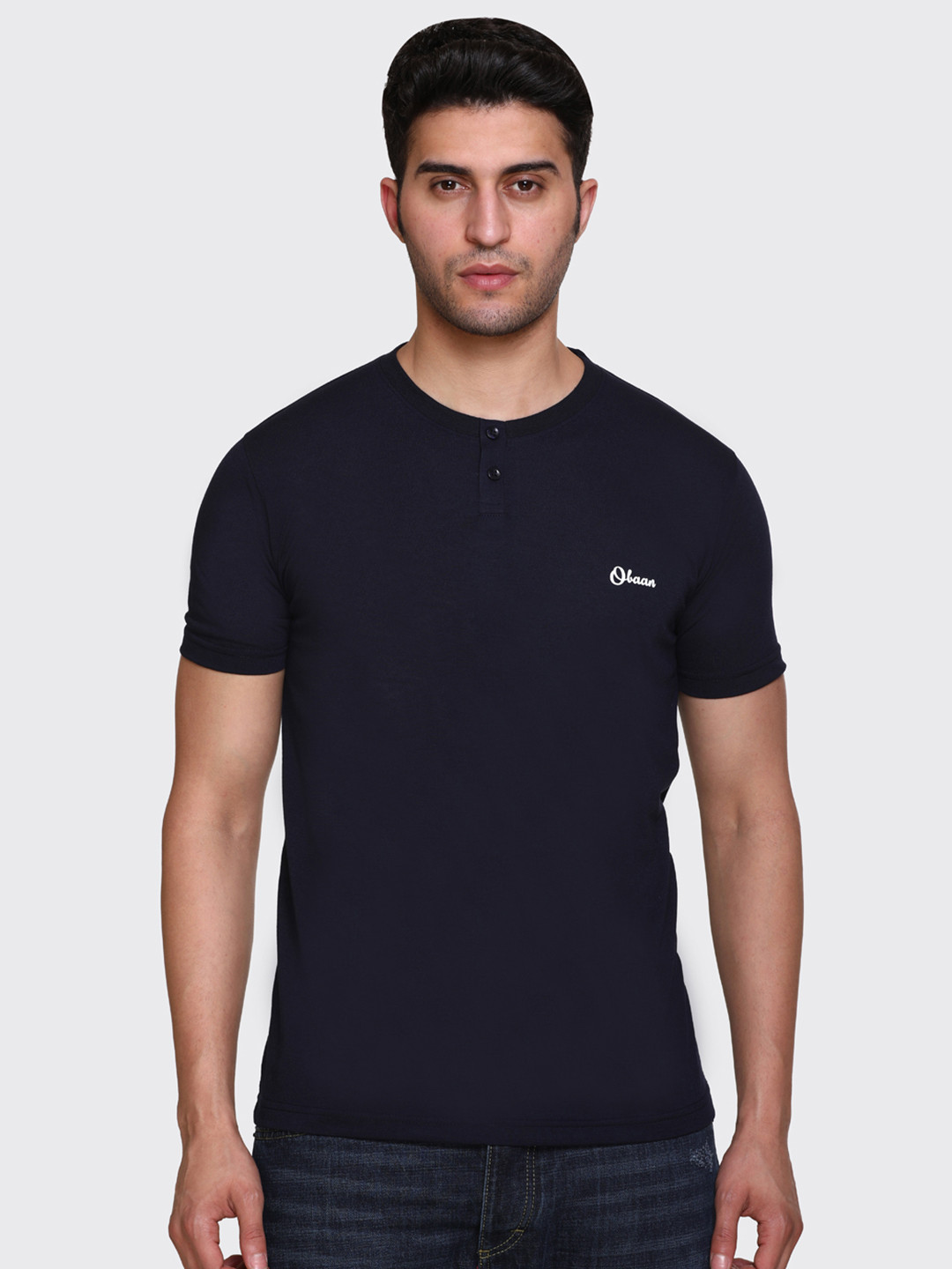 Obaan Men Navy Blue Henley Neck T-shirt