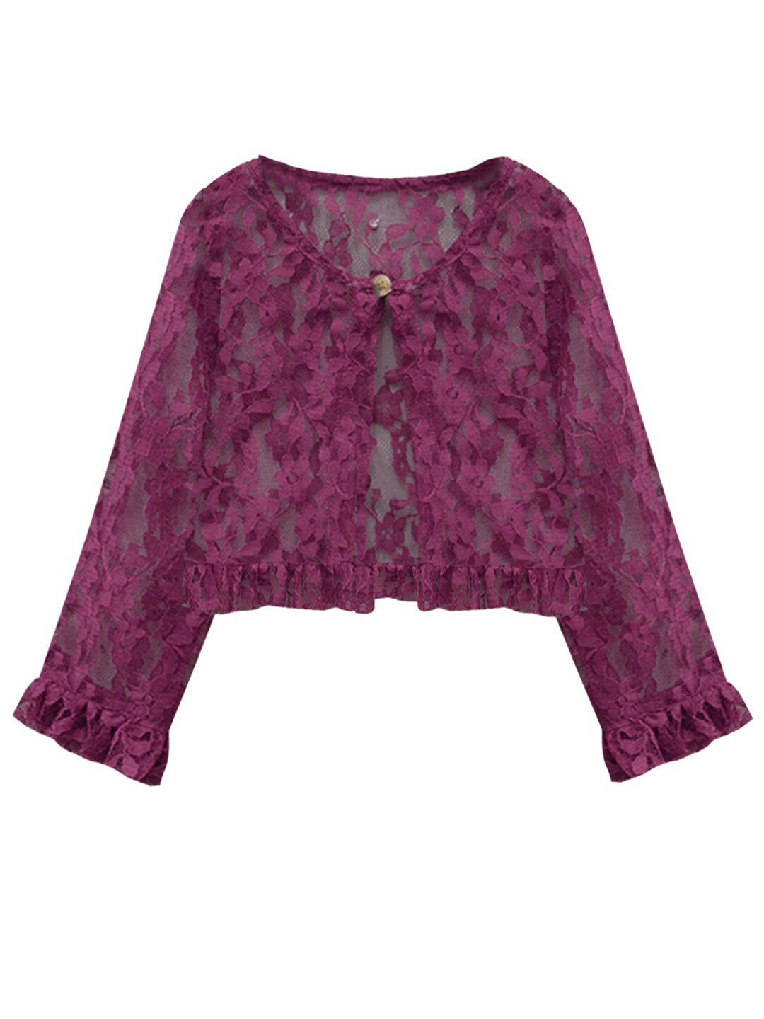 A T U N Girls Burgundy Button Down Lace Shrug