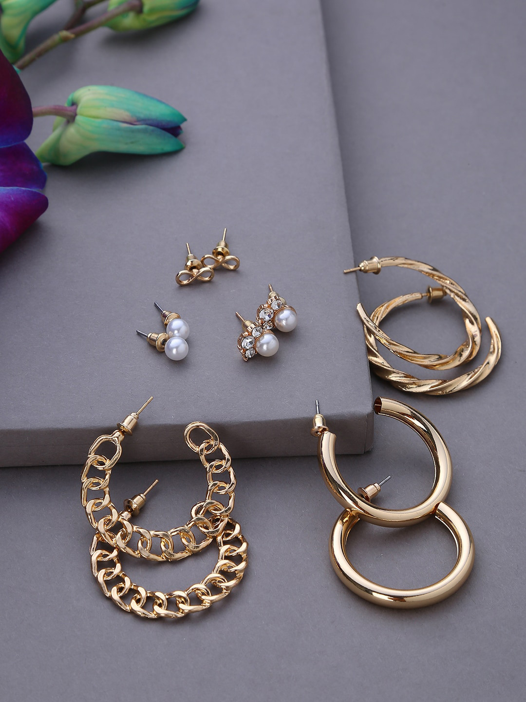SOHI Set of 3 Gold-Plated Contemporary Studs & Hoop Earrings