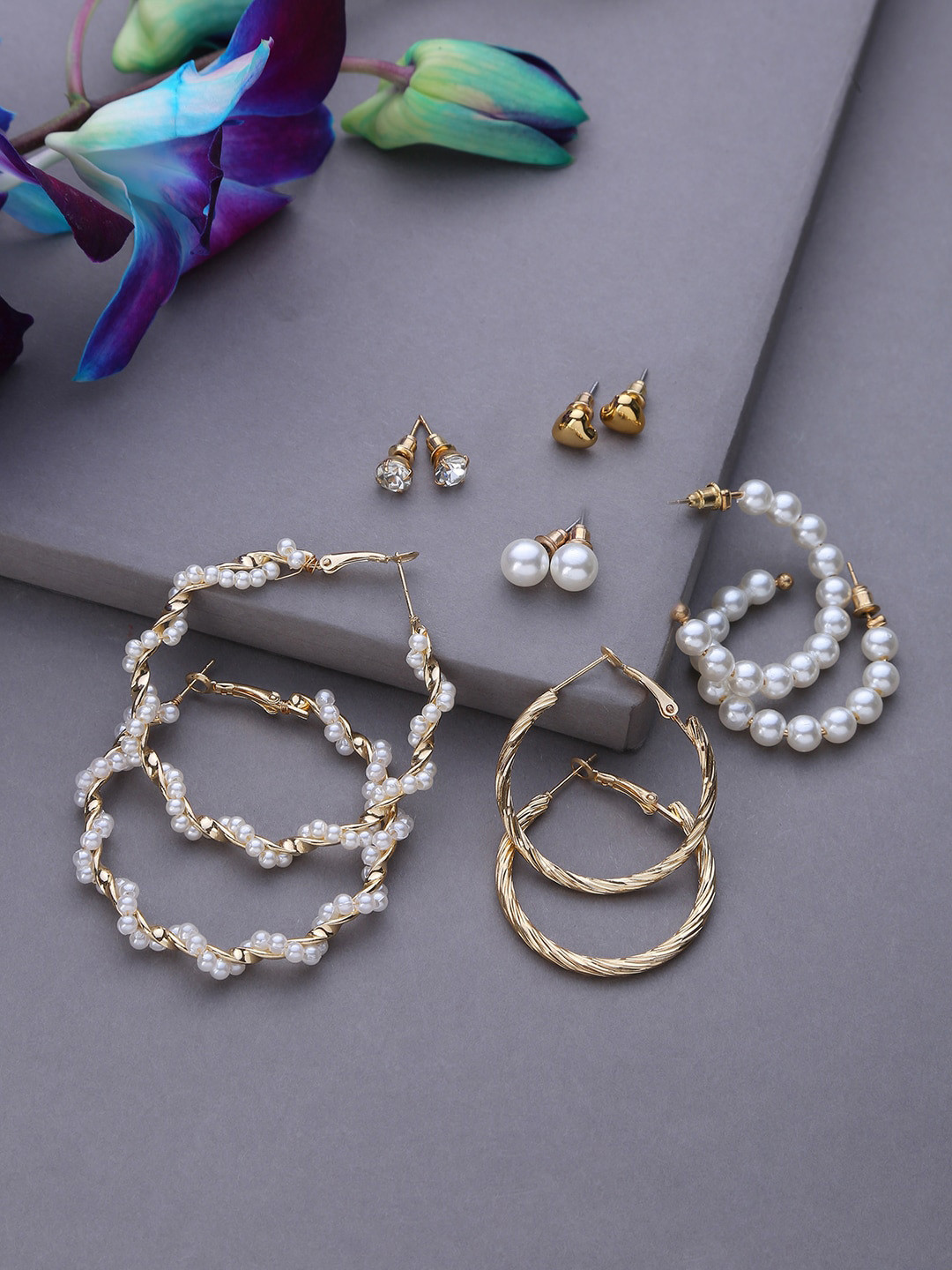 SOHI Set of 6 Gold-Plated Contemporary Studs & Hoop Earrings