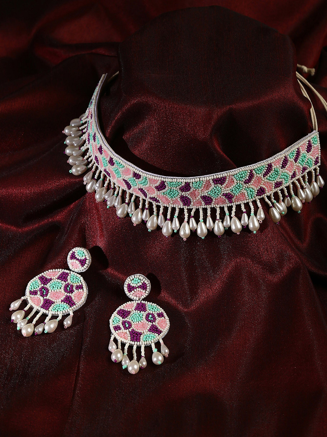 SOHI White & Blue Beaded Jewellery Set