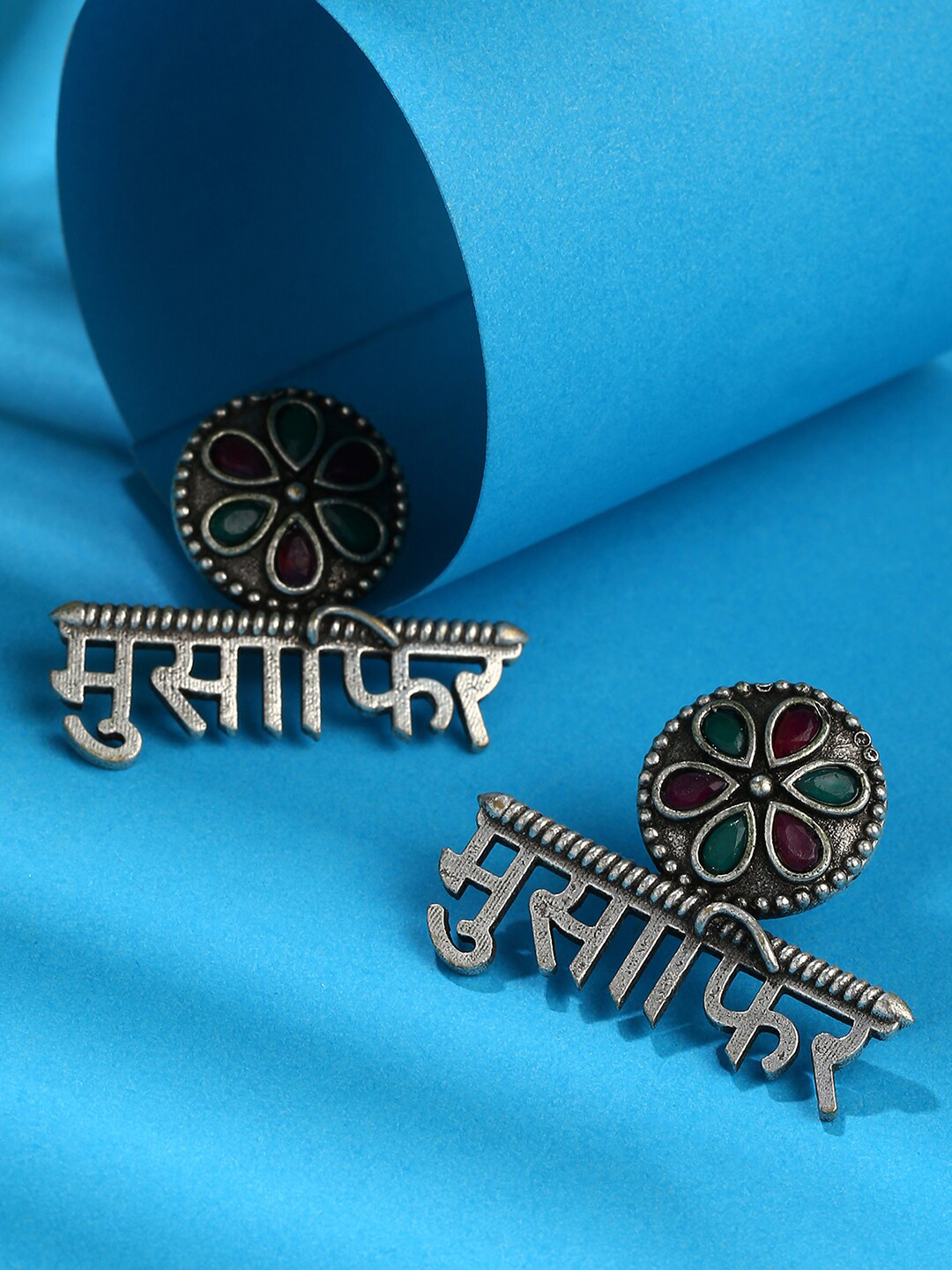 SOHI Red & Green Stoned Studded Silver-Plated Oxidised Musafir Studs Earrings