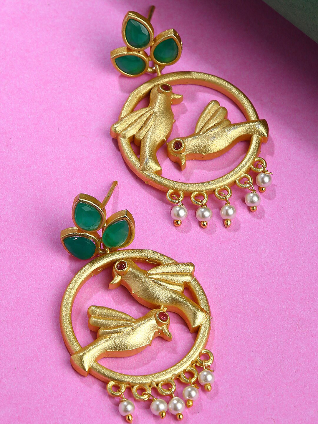 SOHI Green Stone Studded Gold-Plated Parrot Shaped Drop Earrings