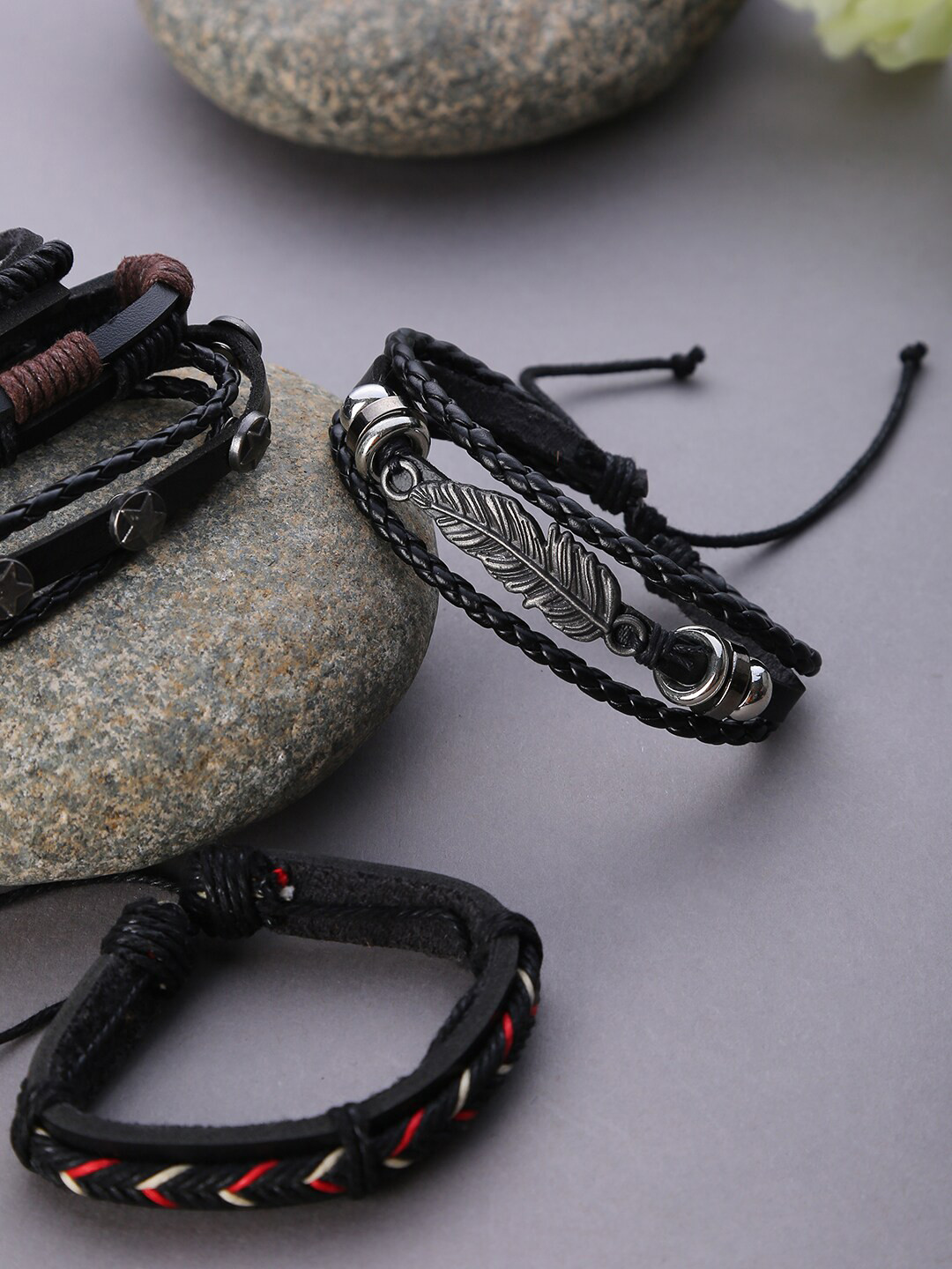 SOHI Set Of 4 Beaded Black Leather Wraparound Bracelet