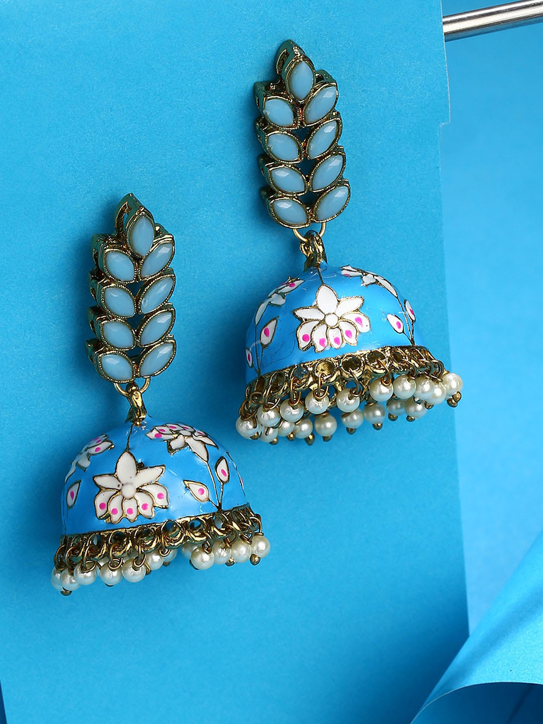 SOHI Gold-Plated Blue White Meenakari Jhumkas