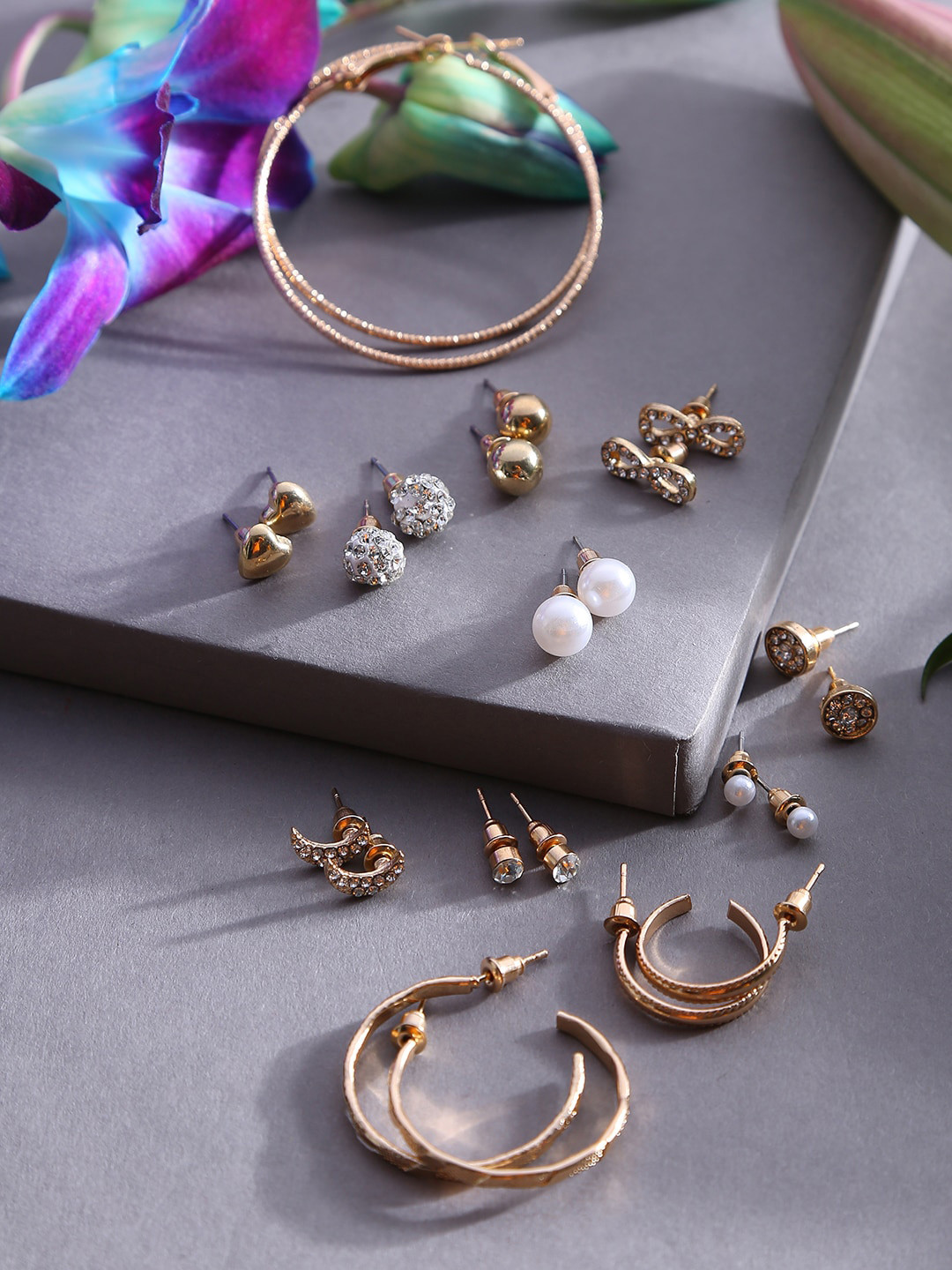 SOHI Set of 12 Gold-Plated Contemporary Studs & Hoop Earrings