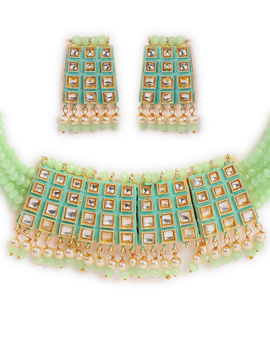 SOHI Green & Gold-Plated Kundan Meenakari Jaipuri Choker Set