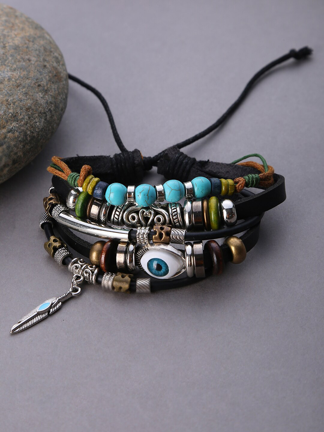 SOHI Men Black & Blue Evil Eye Layered Bracelet