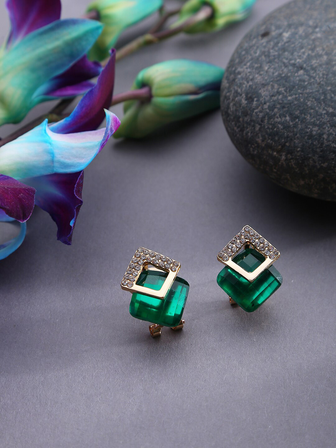 SOHI Silver-Plated Green Diamond Shaped Studs Earrings