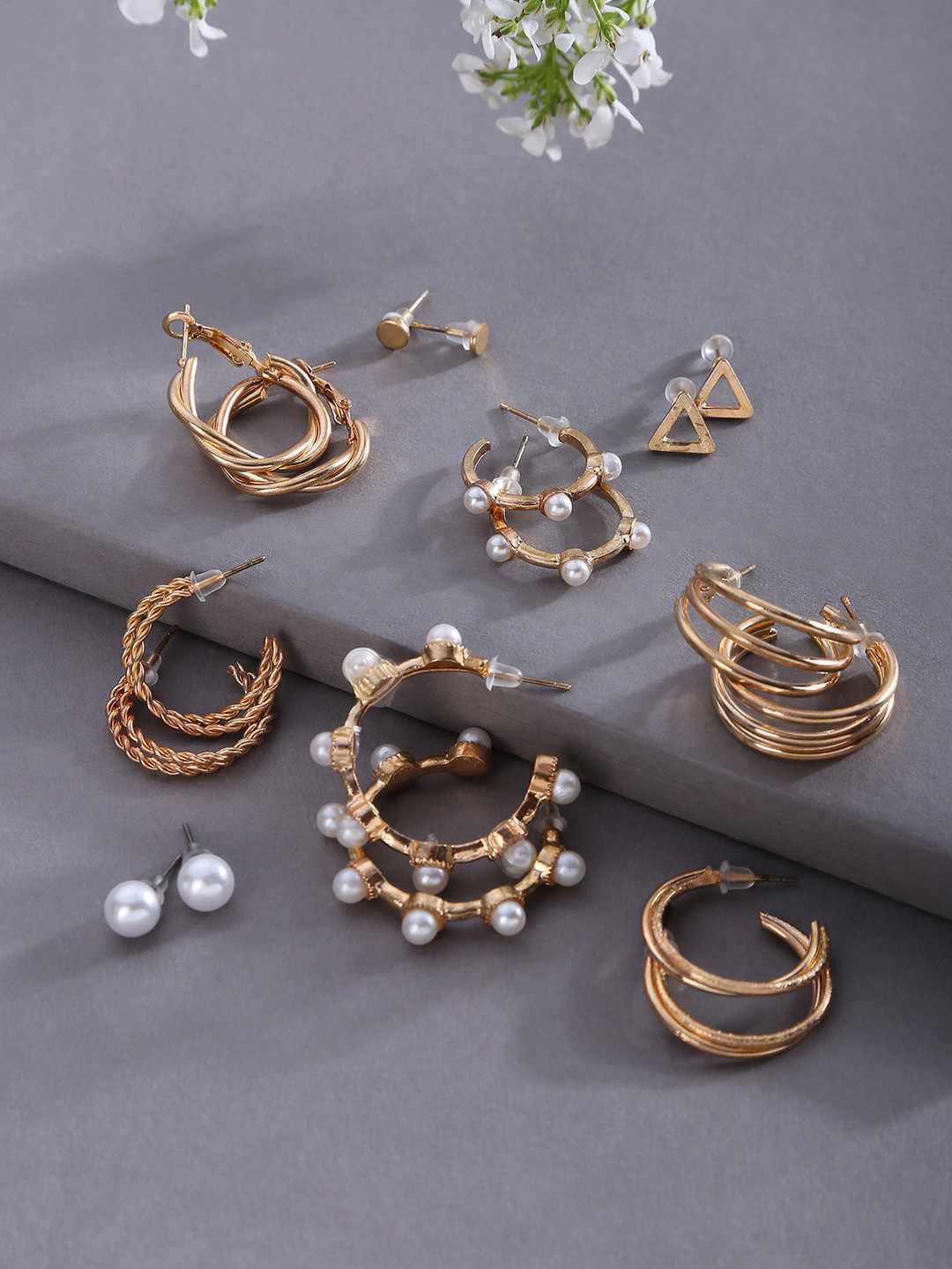 SOHI Set of 9 Gold-Plated Contemporary Stud & Hoop Earrings