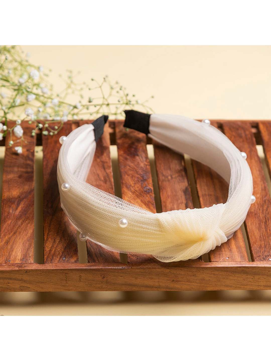 Jewelz Women Beige & White Pearl Knot Hairband