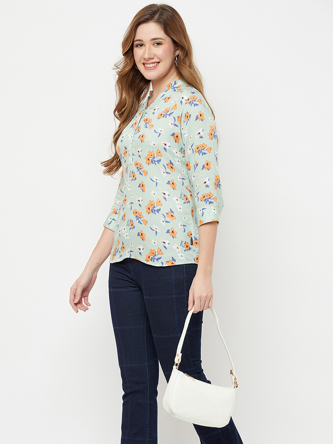 Crimsoune Club Green Floral Print Mandarin Collar Shirt Style Top