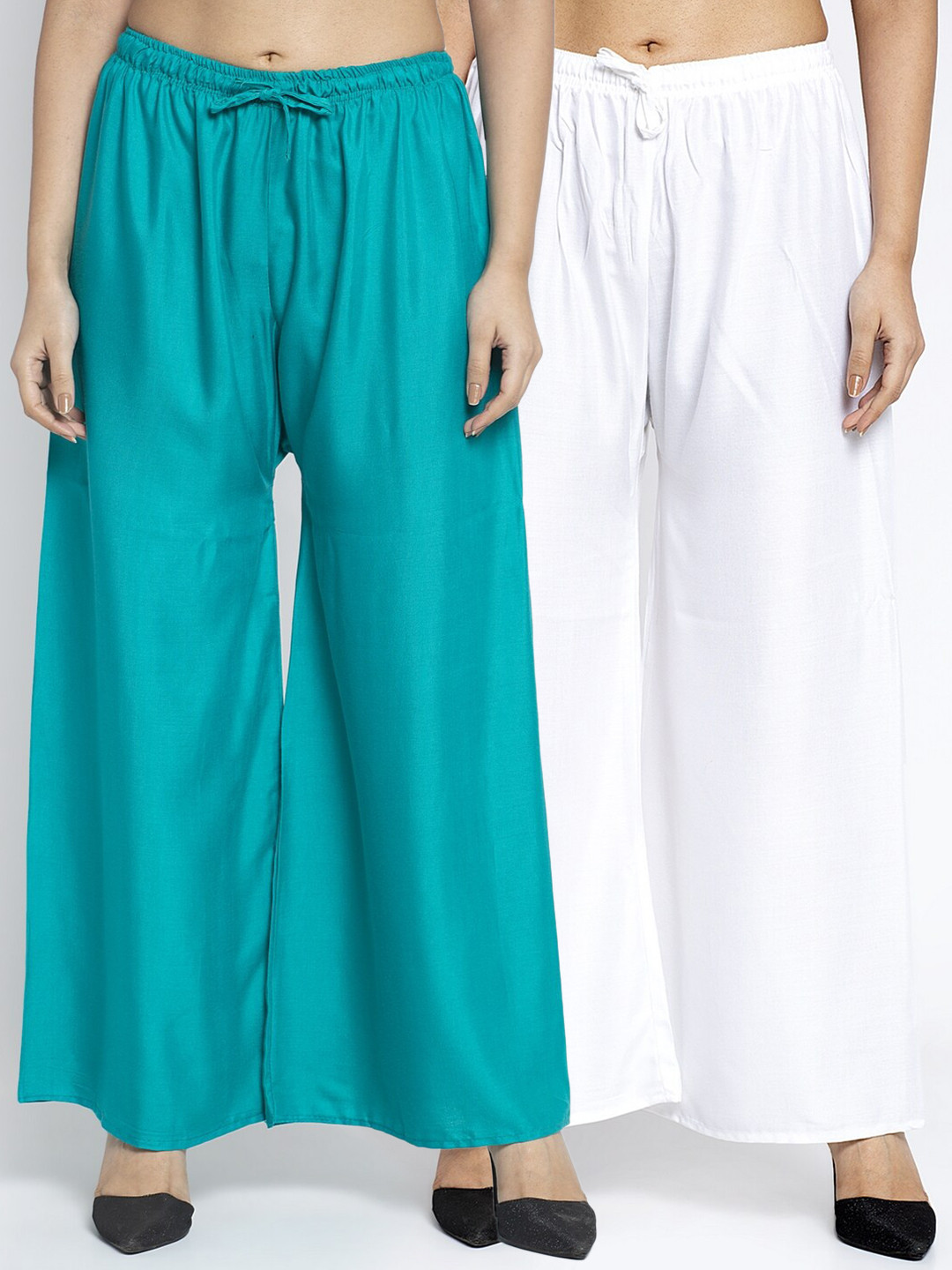 Jinfo Women White & Green 2 Knitted Ethnic Palazzos