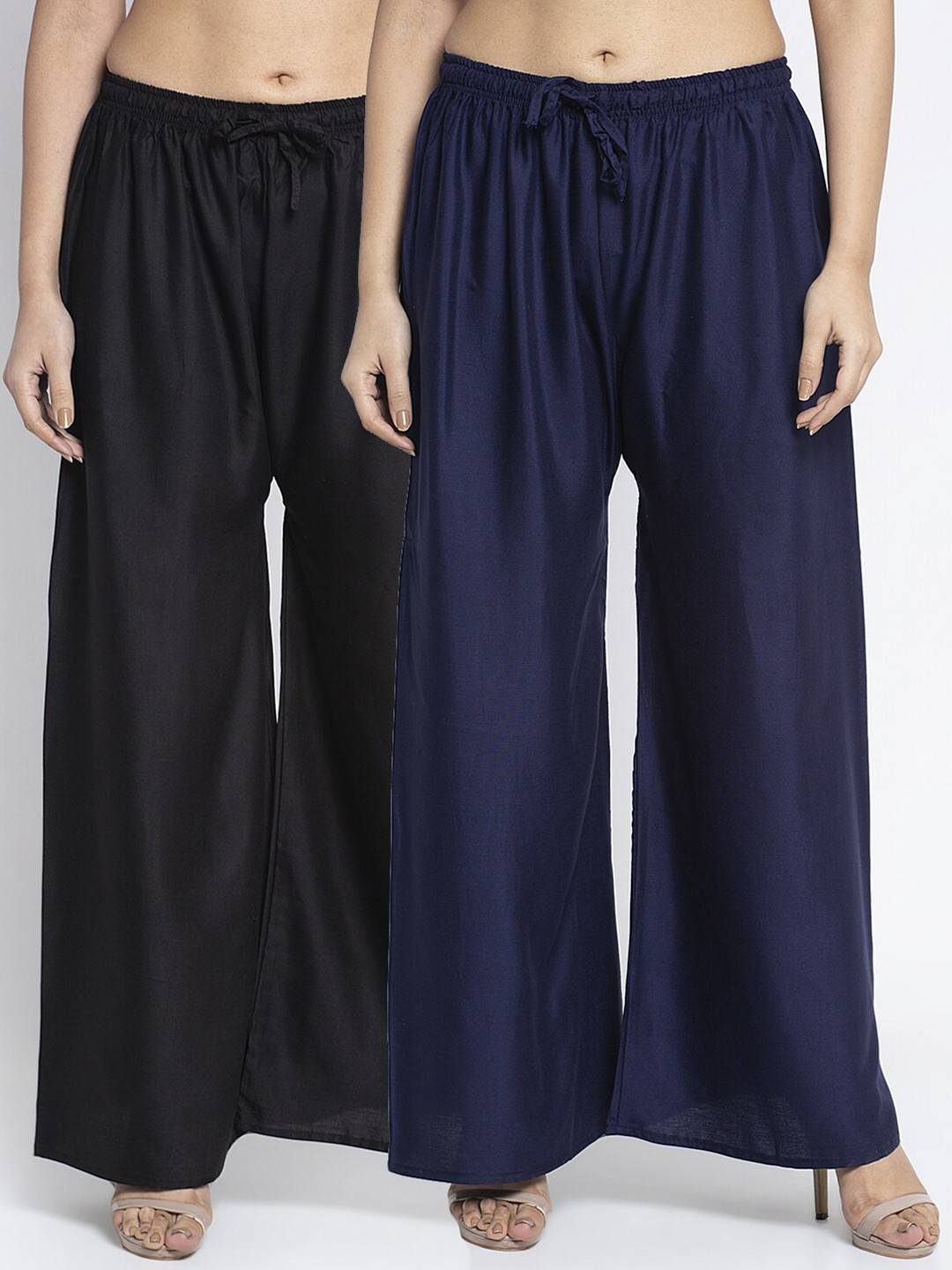 Jinfo Women Black & Navy Blue Flared Ethnic Palazzos Set Of 2