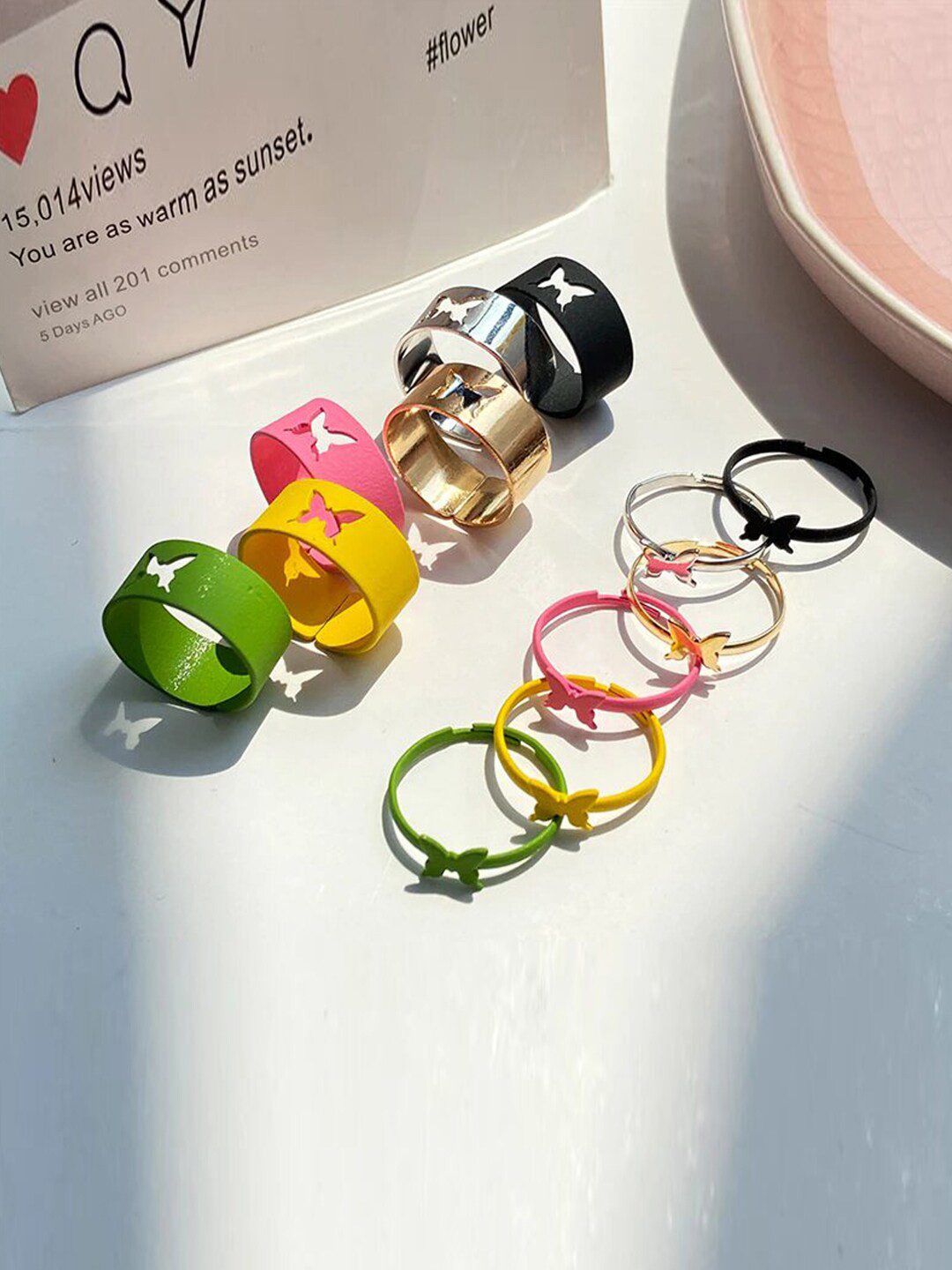 Jewels Galaxy Set Of 12 Women Gold-Toned & Pink Gold-Plated Detailed Finger Ring