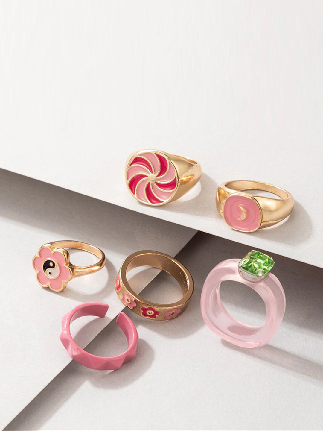 Jewels Galaxy Set Of 6 Gold-Plated Pink & Green Finger Rings