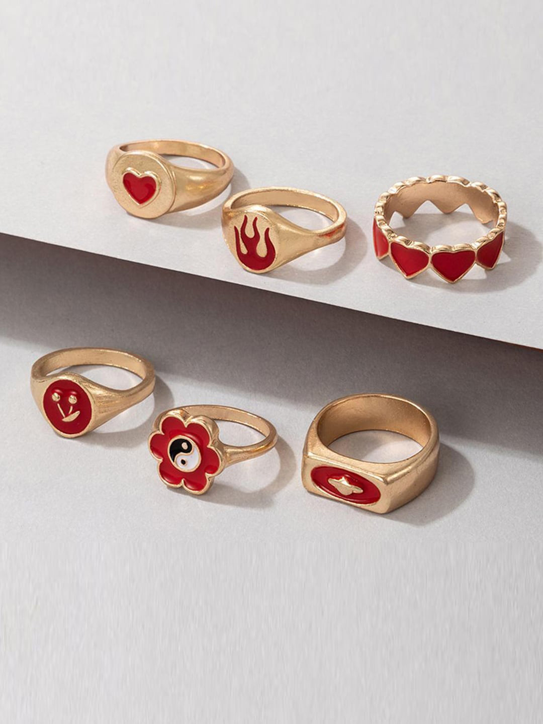 Jewels Galaxy Set Of 6 Gold-Plated Red Finger Rings