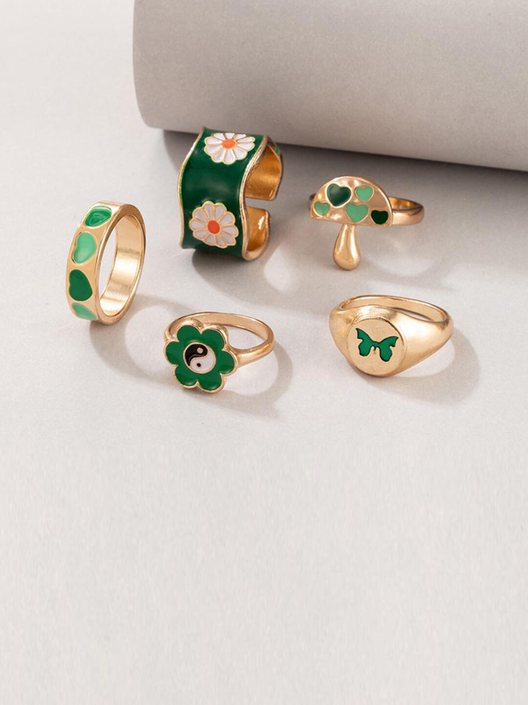 Jewels Galaxy Set Of 5 Gold-Plated & Green Design Deatailed Finger Ring
